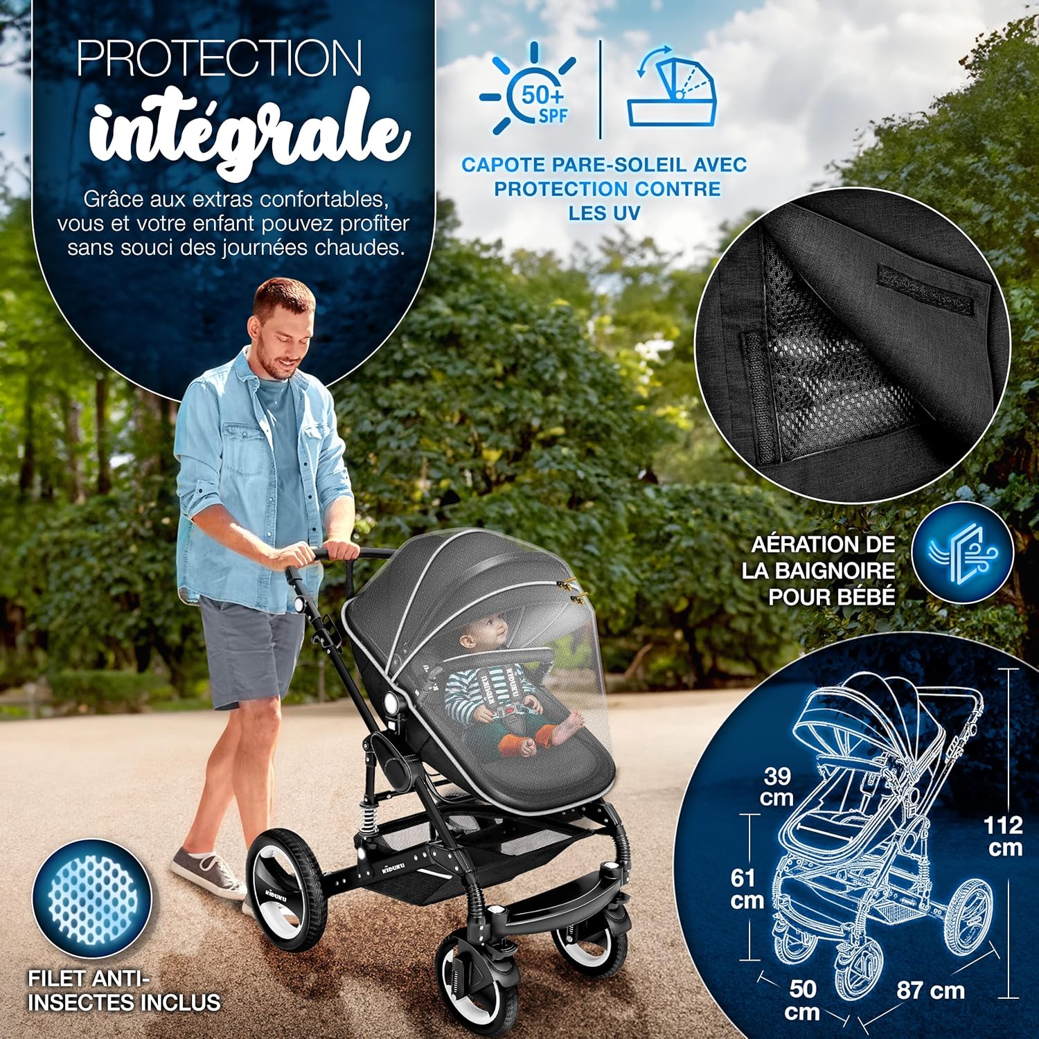 KIDUKU® Poussette Combinée 3 en 1 | Trio pour Enfants | Siége Auto Légère, Piable | Nacelle Souple Convertible | Set de Voyage (Noir/Champagne)