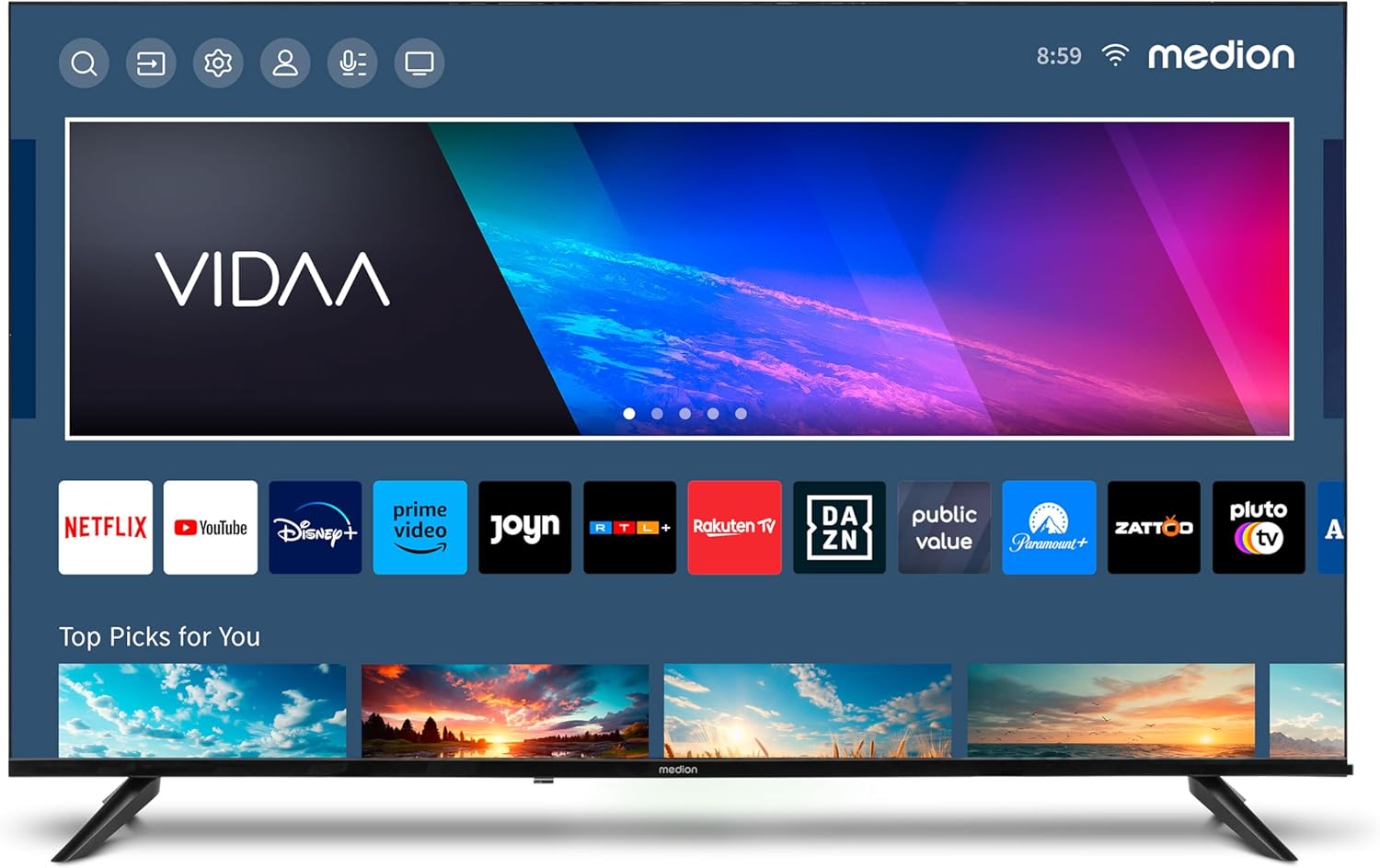 MEDION X14308 (MD 31640) Téléviseur 108 cm (43 Pouces) (Smart TV, 4K Ultra HD, HDR, VIDAA Store, Netflix, Prime Video, Disney+, DAZN, Paramount+, HbbTV, PVR, Bluetooth)
