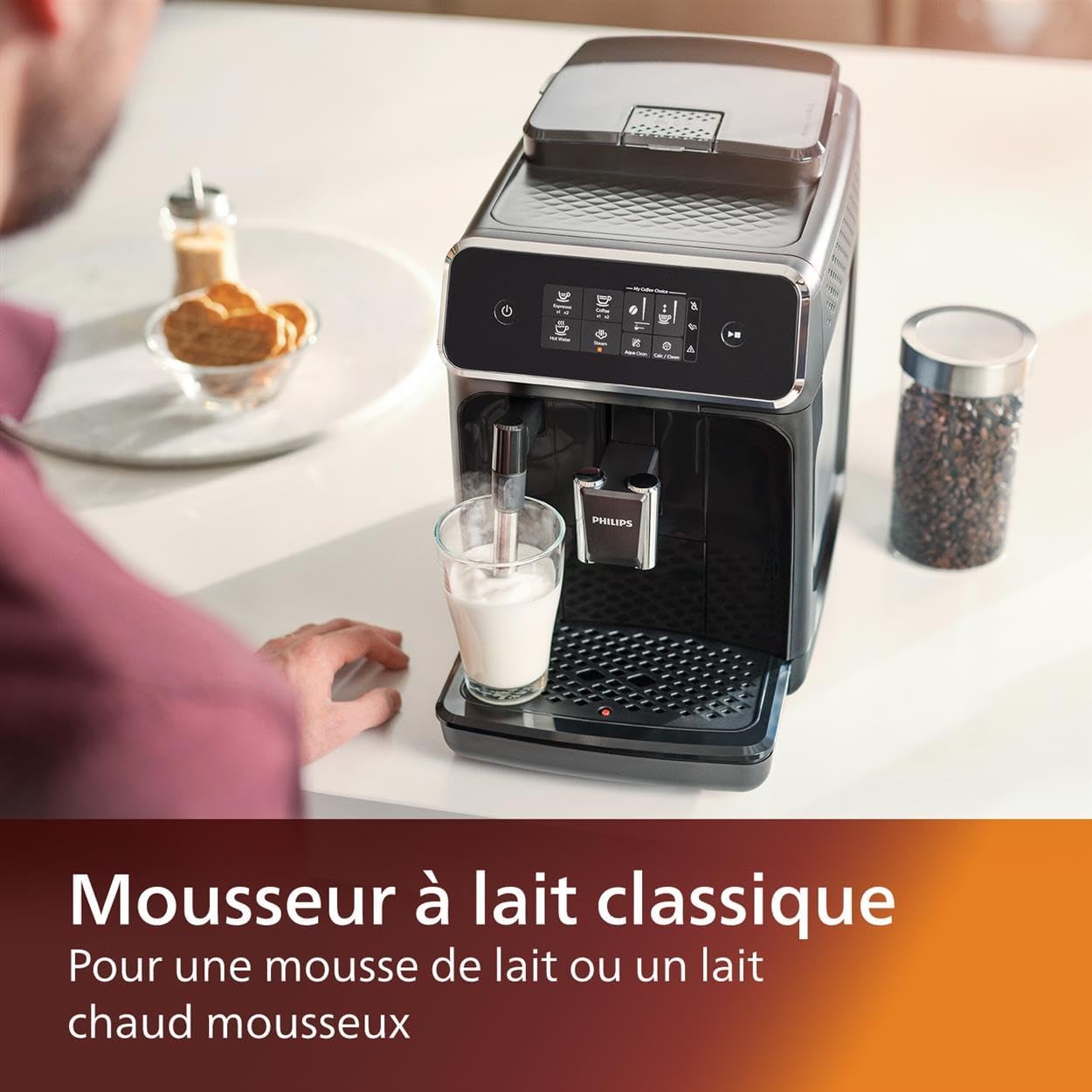 Philips Série 2200 Machine Expresso Automatique - 2 Boissons, Mousseur à Lait Classique, Écran Tactile, Broyeur Céramique, Aroma Seal, Noir Mat (EP2220/10)