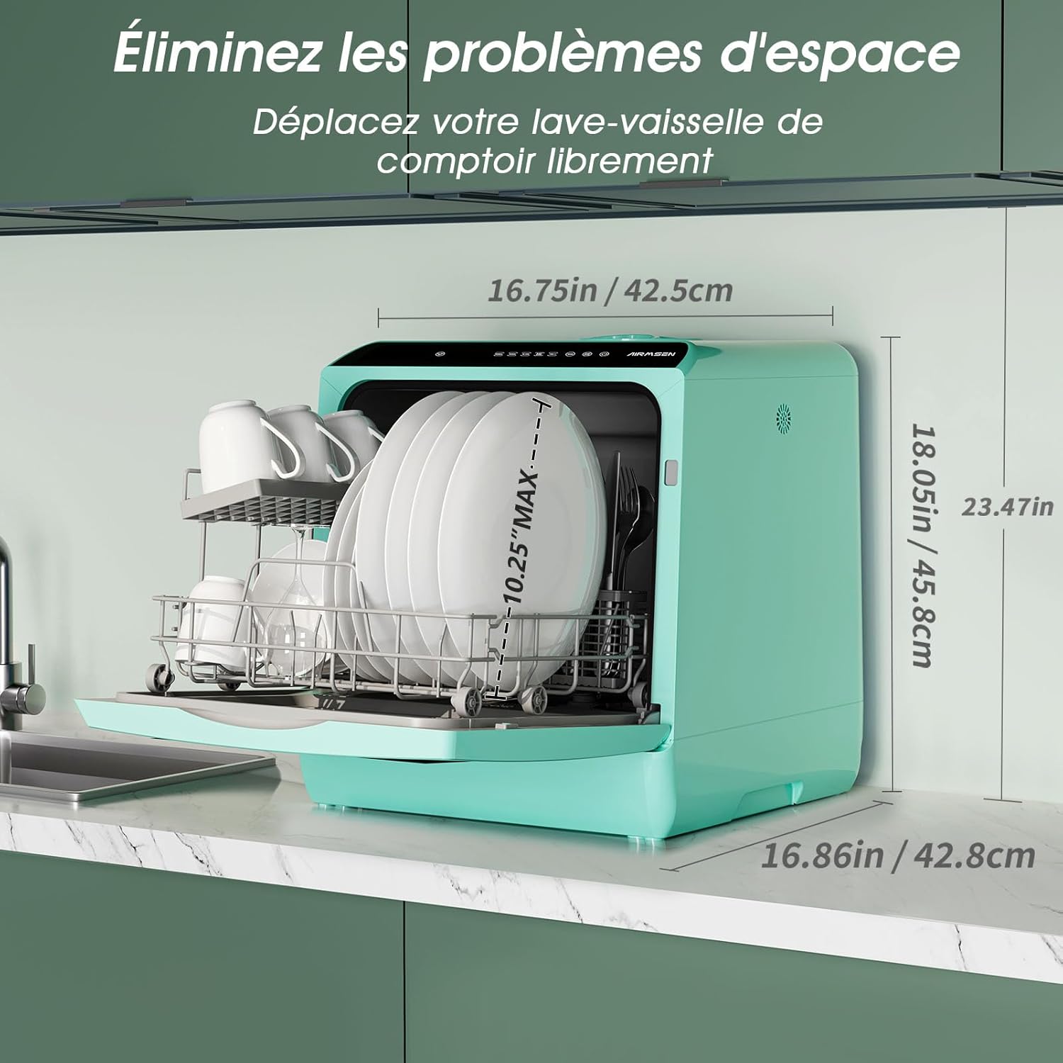 AIRMSEN Mini Lave-Vaisselle de Comptoir, 5+1 Programmes, Réservoir d'Eau de 5L, Contrôle Tactile et Écran LED, Adapté pour les Cuisines Familiales, Appartements et Dortoirs, Blanc et noir