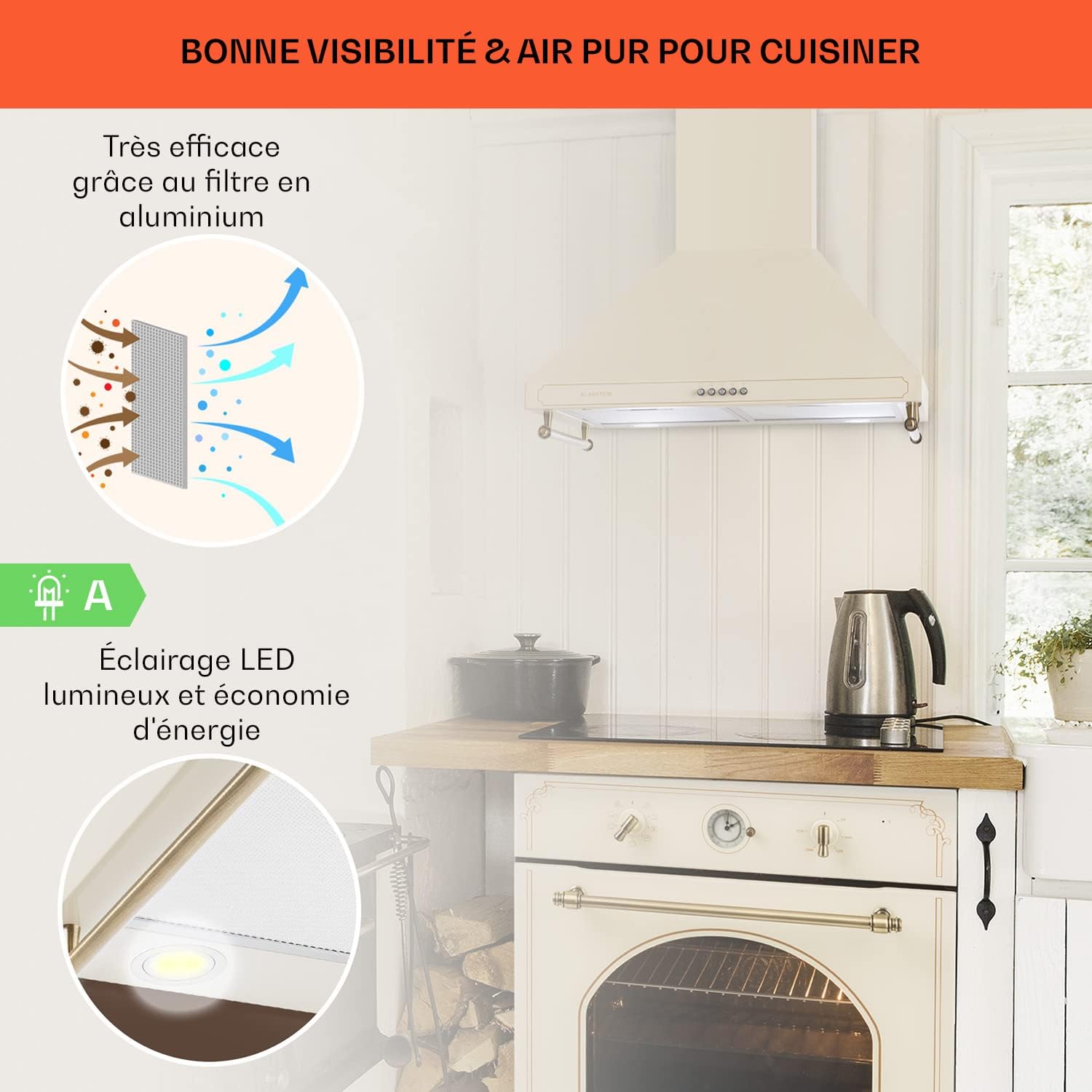 Klarstein Hotte Aspirante 90 cm, Hottes de Cuisine avec Filtre de Hotte en Aluminium, Débit d'Air Puissant de 645m³/h, Eclairage LED, Extracteur d'Air Silencieux, Hotte Efficace avec Evacuation