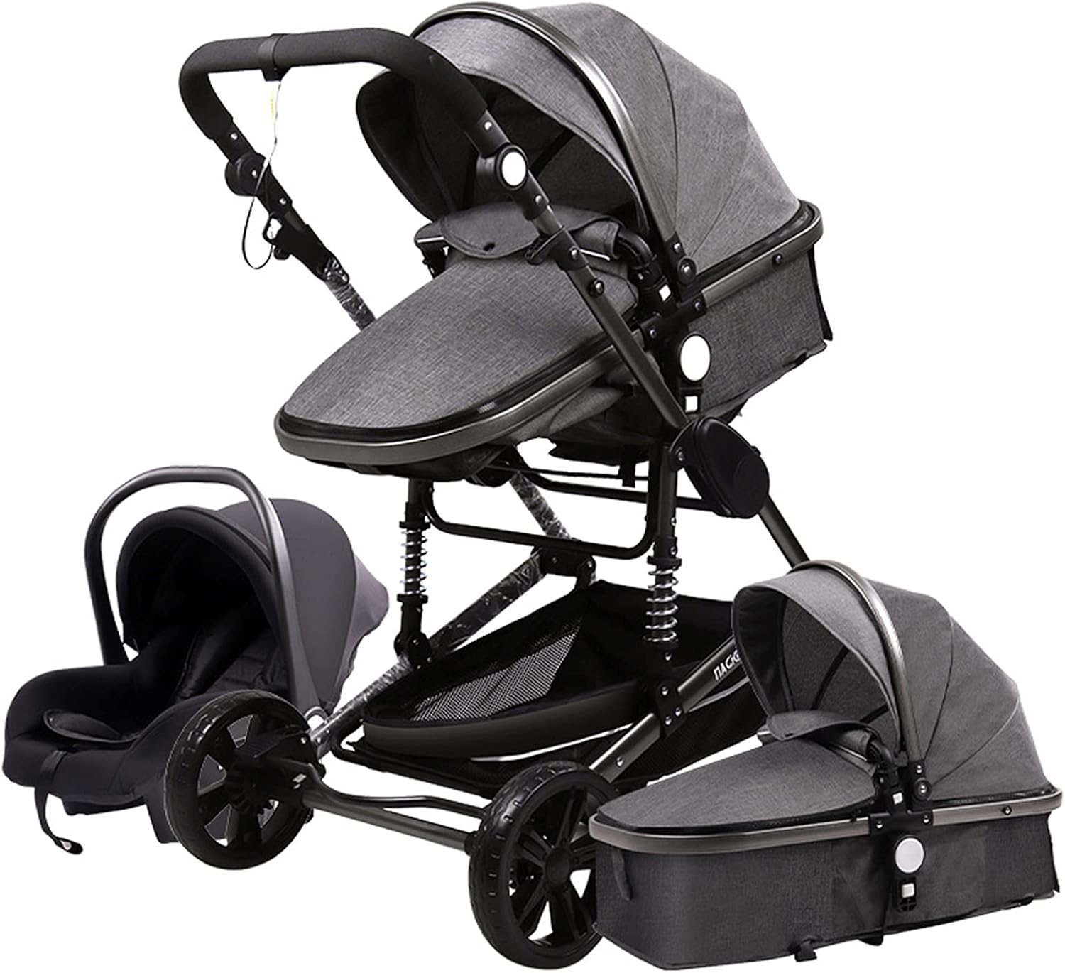 Magic ZC Poussette 3 en 1, Poussette Bebe avec Conception Portable Pliable en Un Clic, Pousette 3 en 1 avec Poussée Réversible Bidirectionnelle, Poussette Trio avec Accessoires (black gold 588)