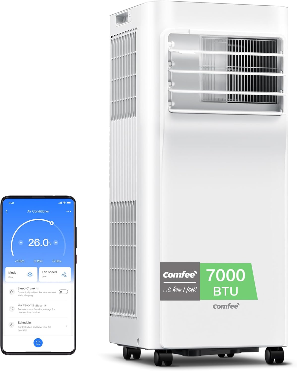 COMFEE' Climatiseur Mobile 9000 BTU/h 2,6kW, 3-EN-1 Refroidisseur Déshumidificateur Ventilateur, Fonction Follow me, Minuterie, Mode nuit, Pour salon et maison de 33㎡/88m³, MPPH-09CRN7, R290