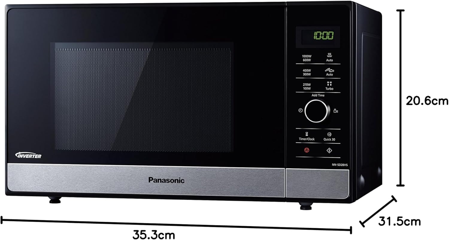 Panasonic NN-SD27HSUPG Four Micro-Ondes Technologie Inverter Plateau Tournant en Verre, 23L, 1000W, 10 Prog auto, Décongélation Chaos, 6 Puissances, Minuterie, Affichage LED, Acier Inoxydable Argent