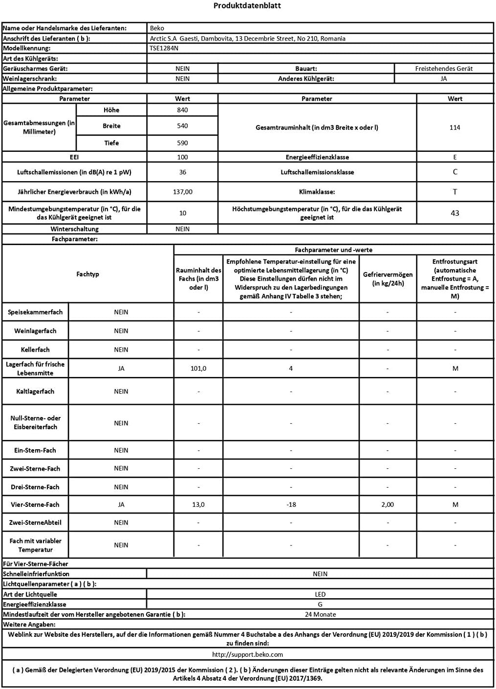 Beko TSE1284N Réfrigérateur table top - Volume total 114L : 101L (Réfrigération) + 13L (Congélation), Compartiment congélation 4 étoiles, MinFrost, Charnière de porte réversible, blanc