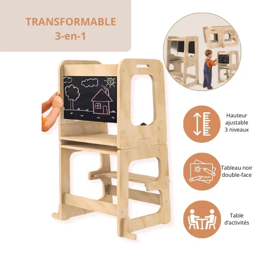 Tour d'observation Montessori - 3 en 1 Ajustable en Hauteur - Tableau dessin - Table d'activités