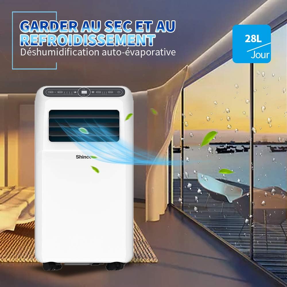 SHINCO Climatiseur mobile, 7000 BTU 2,05kW, Refroidir&Ventilation&Déshumidification, taille de la pièce jusqu'à 54m³(18㎡), Climatiseur mobile avec tuyau d'évacuation et tuyau de vidange, mode sommeil