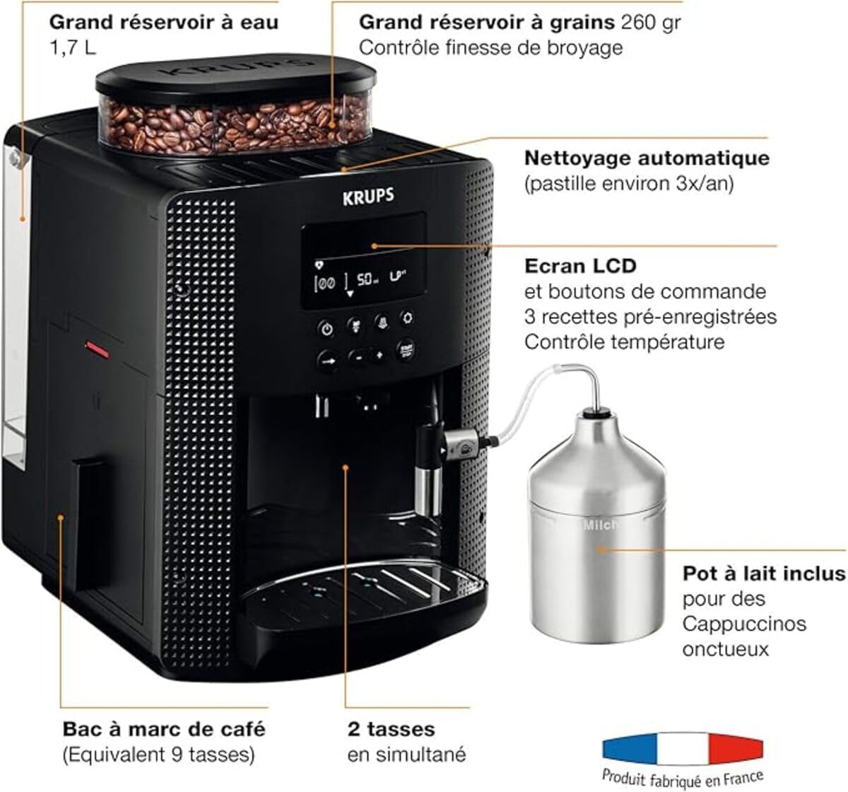 Krups Machine à café grain, 2 expressos simultanés, Ecran LCD, Cafetière espresso compacte, Nettoyage automatique, Buse vapeur pour Cappuccino, Essential noire YY8135FD, Noir