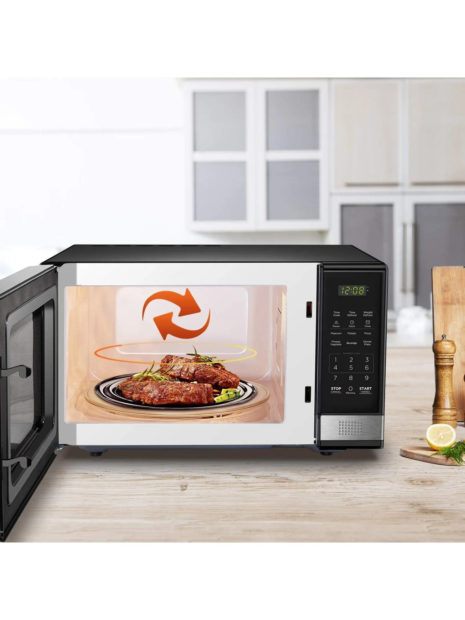 BLACK+DECKER Digital Microwave Oven with Turntable Push-Button Door, Child Safety Lock, Stainless Steel, 0.9 Cu Ft