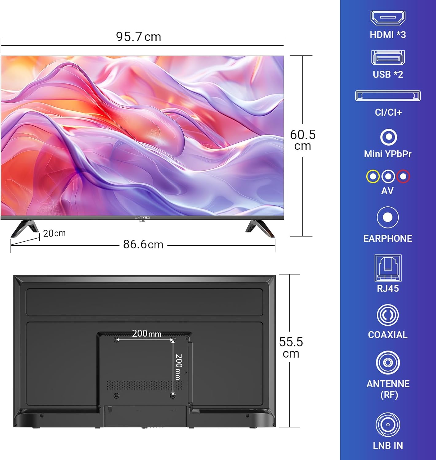 Antteq AB42D1 télévision 42 Pouces (TV 107 cm), Dolby Audio, LED, Triple Tuner DVB-C / T2 / S2, CI+, HDMI, Lecteur multimédia Via USB, Sortie Audio numérique, y Compris Mode hôtel