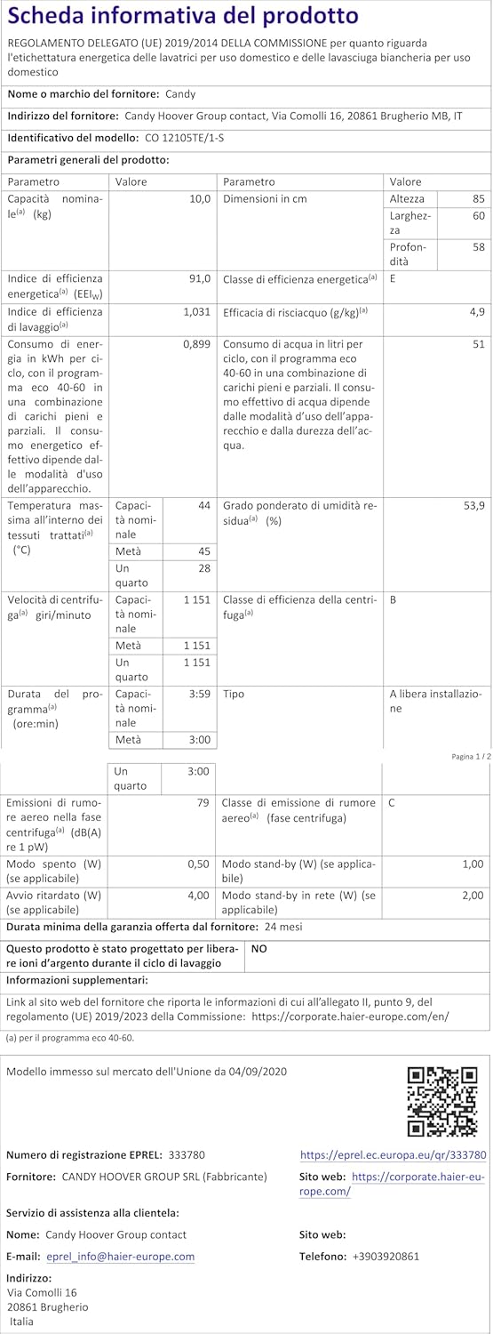 CANDY CO 12105TE/1-S Lave-linge Hublot Smart Pro, 10 kg, 1200 tr/min, Classe E, Blanc