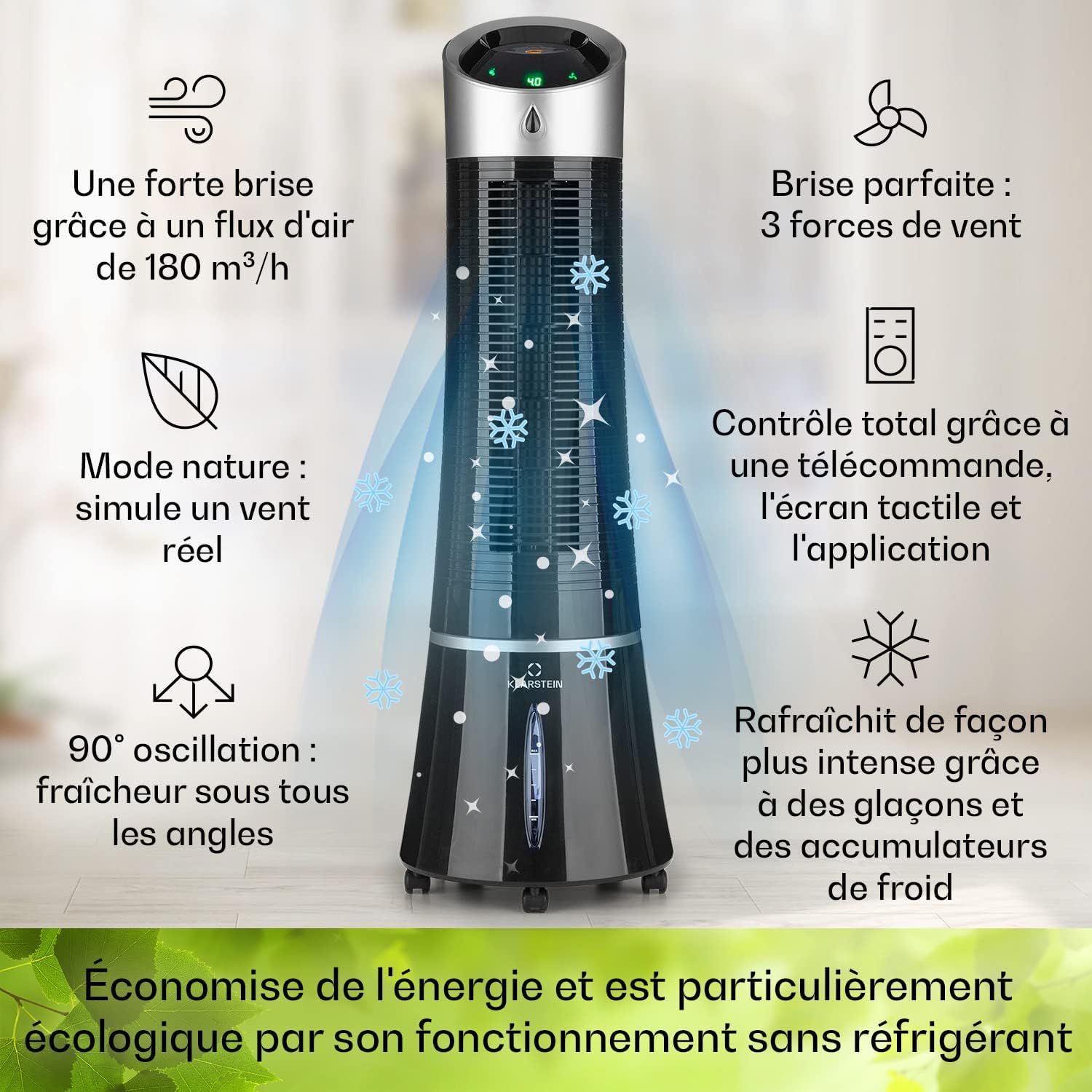Klarstein Rafraichisseur d'Air Mobile 5 en 1, par Evaporation avec Humidificateur, Ventilateur, Ioniseur, Climatiseur Mobile Sans Évacuation, Mode Nuit, 45W, Débit d'Air de 180m³/h