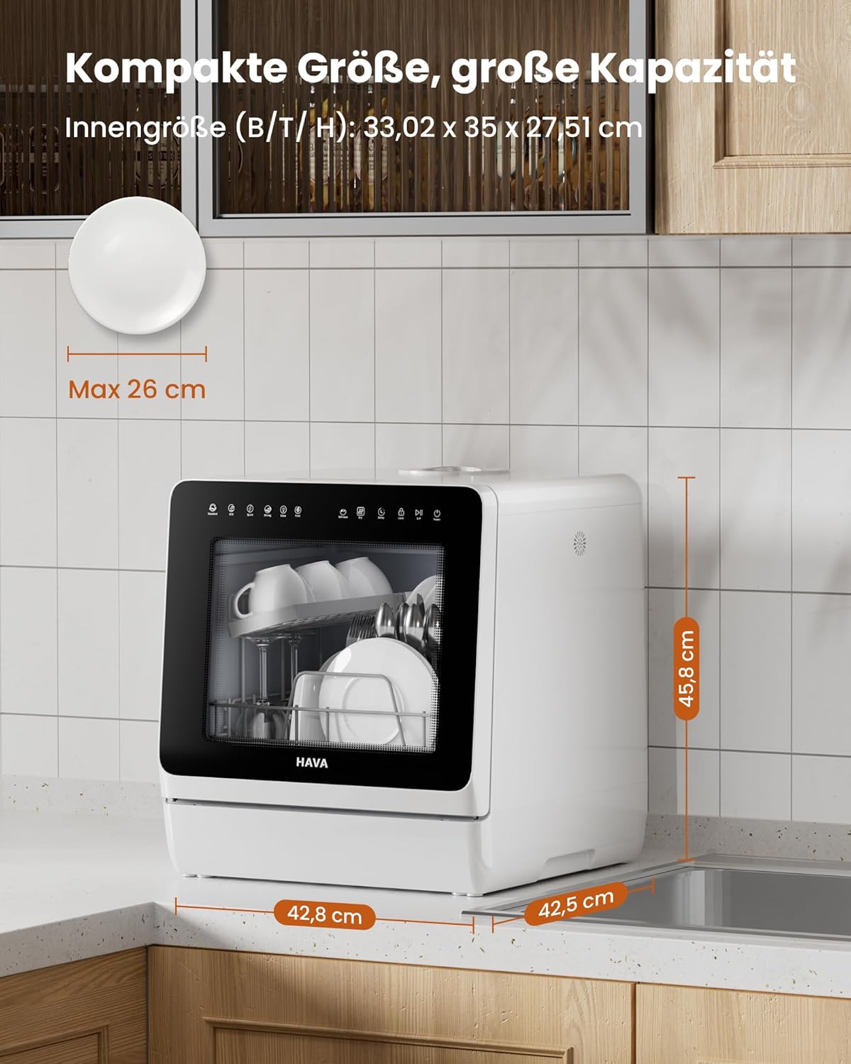 HAVA mini lave vaisselle, nouveau modèle amélioré 2024, 8 programmes de lavage, lave-vaisselle portable avec sécurité enfant et fonction de démarrage différé, réservoir d'eau de 5 L