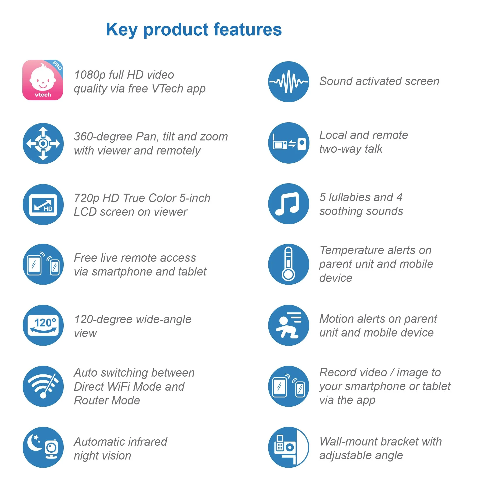 VTech Smart WiFi Baby Monitor, 5-inch 720p Display, 1080p Camera