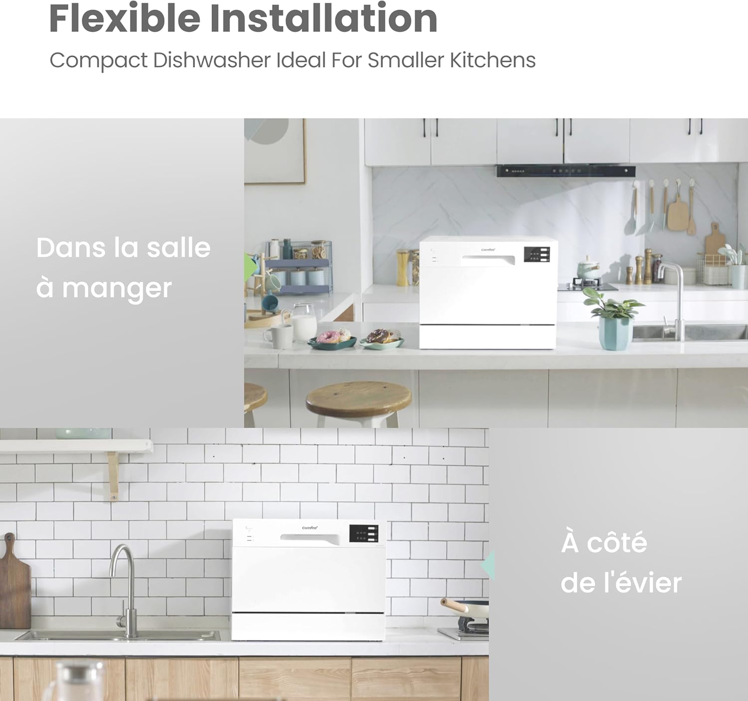 COMFEE' CDWPF1201PS Lave-vaisselle Pose Libre, 60 cm, 12 couverts, départ différé, fonction demi-charge, paniers flexibles - Acier Inoxydable, 49 dB, Commande Bouton