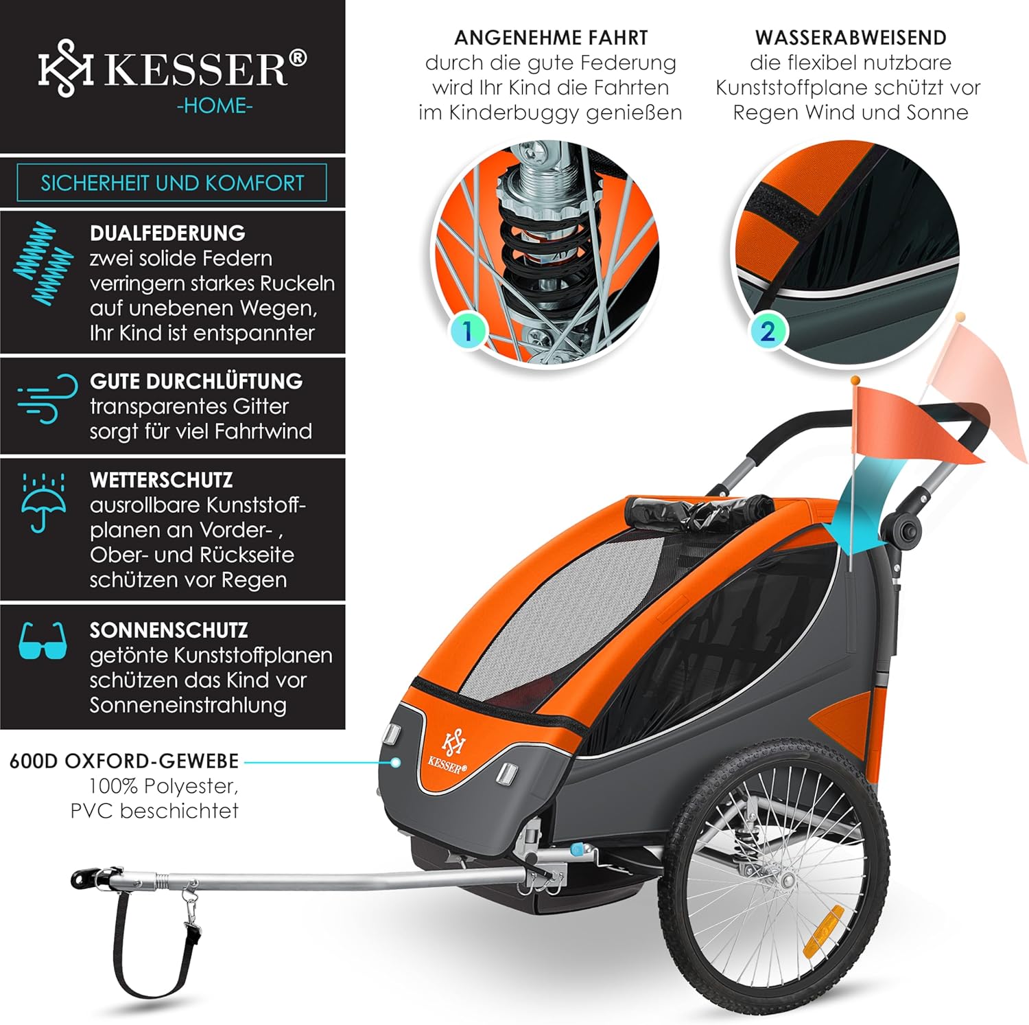KESSER® Remorque de vélo pour enfant - Rotation à 360° - Avec suspension 2 en 1 - Fonction jogger - Remorque de vélo pour enfant - Sangle à 5 points - Pour 1 à 2 enfants - 40 kg