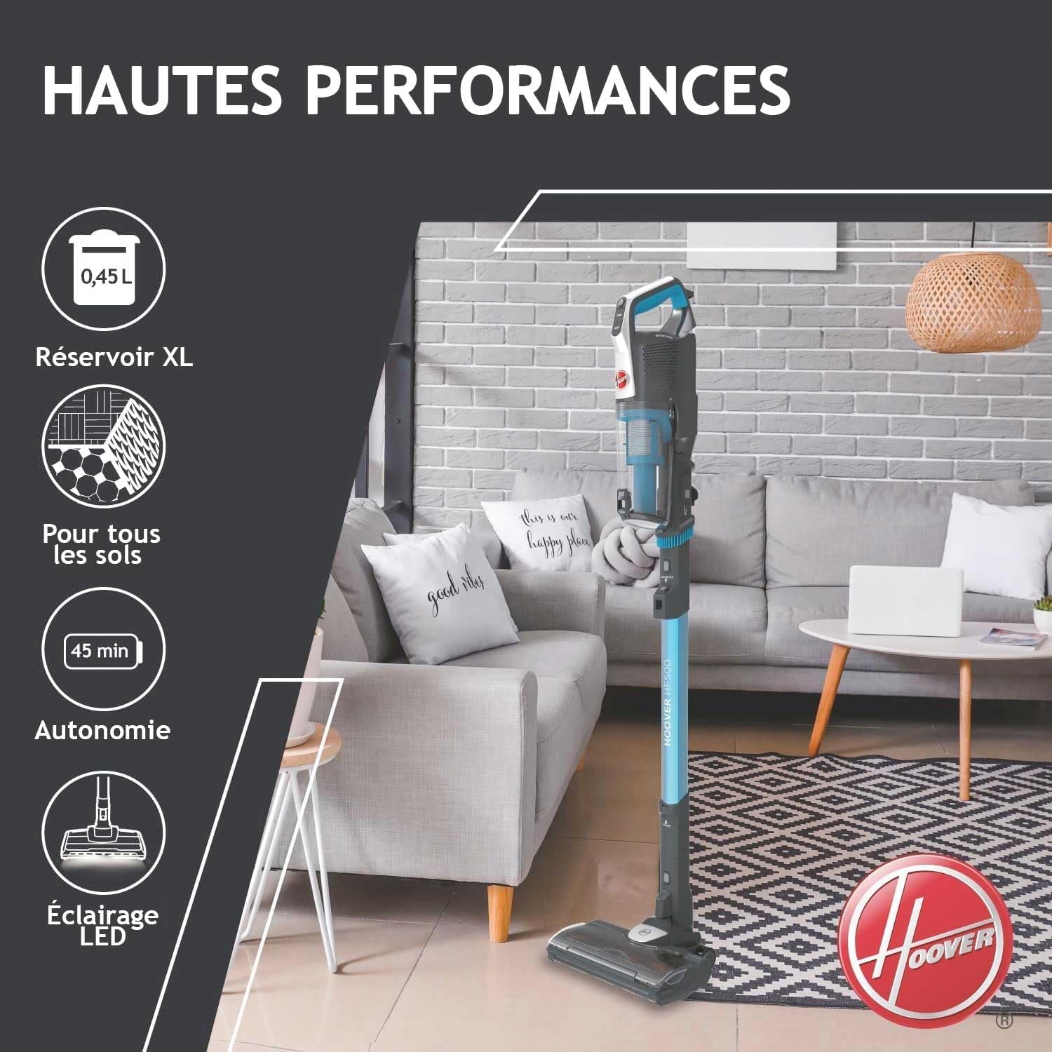 Hoover HF522STP Aspirateur Balai sans Fil Puissant, Grande Autonomie, Rangement Compact, Electrobrosse Anti-emmêlement LED, Turbobrosse Spéciale Animaux, Charge Rapide,Position Park&Go, Bleu Skyfall