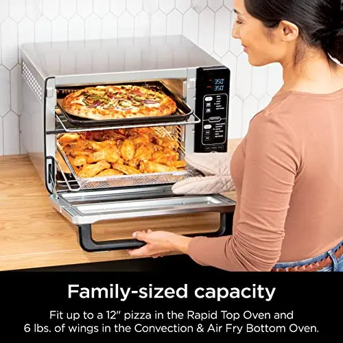 Ninja DCT401 12-in-1 Double Oven with FlexDoor, FlavorSeal & Smart Finish, Rapid Top Convection and Air Fry Bottom , Bake, Roast, Toast, Air Fry, Pizza and More, Stainless Steel