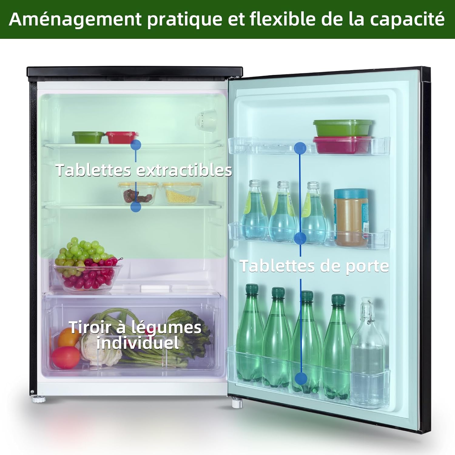 CHIQ Réfrigérateur vertical à une porte,126 L, encombremen 0,31 ㎡, Porte réversible, Tiroir à légumes, Étagères coulissantes, Faible niveau sonore 39 dB, Éclairage à DEL, Noir CSF120BE
