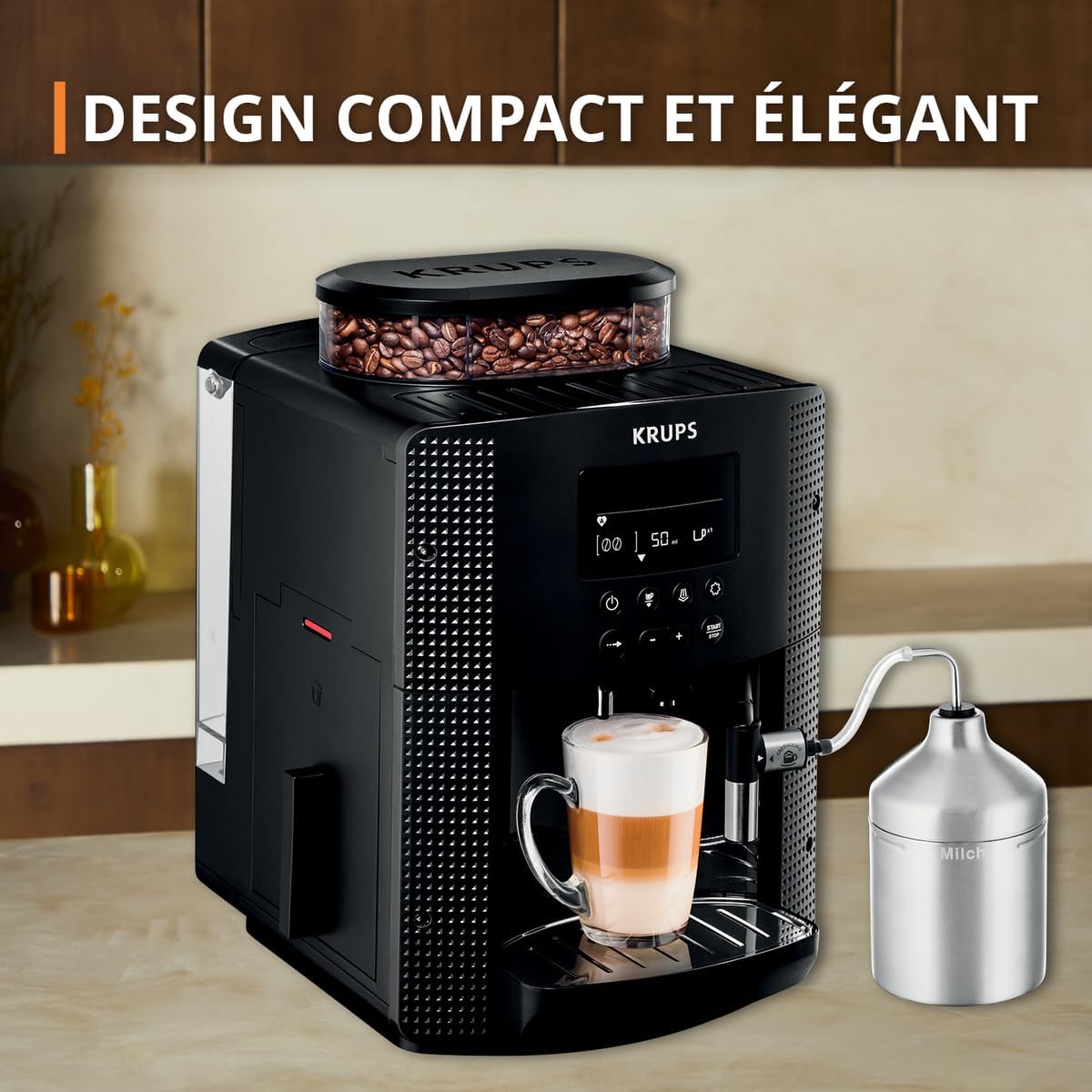 Krups Machine à café grain, 2 expressos simultanés, Ecran LCD, Cafetière espresso compacte, Nettoyage automatique, Buse vapeur pour Cappuccino, Essential noire YY8135FD, Noir