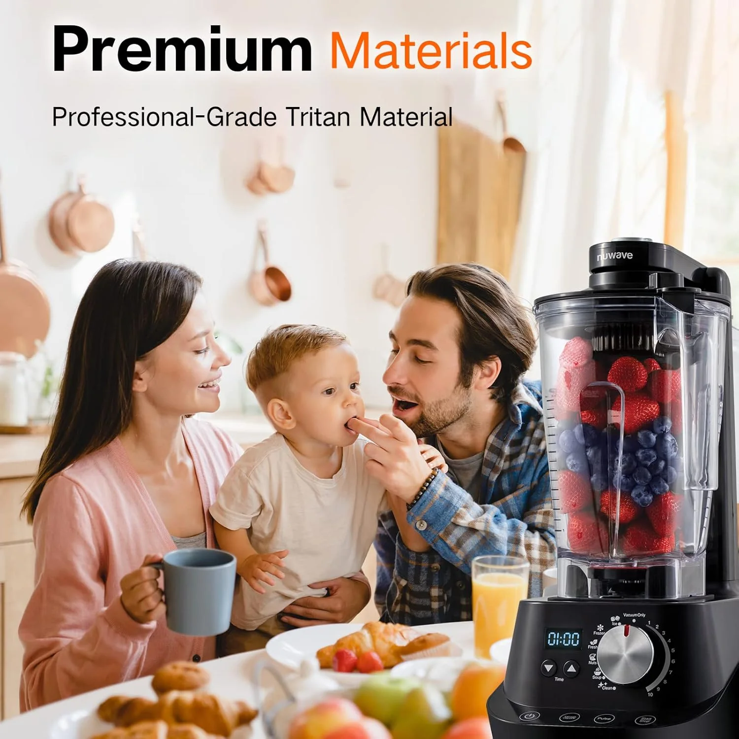 NuWave Moxie Commercial Blender, Smoothie Blender with 2.5HP Motor, Professional Grade, Self-Cleaning - 6 presets & 10 Speed Settings for Shakes, Smoothies, Nut Butters, Crushed Ice,Black, Grey