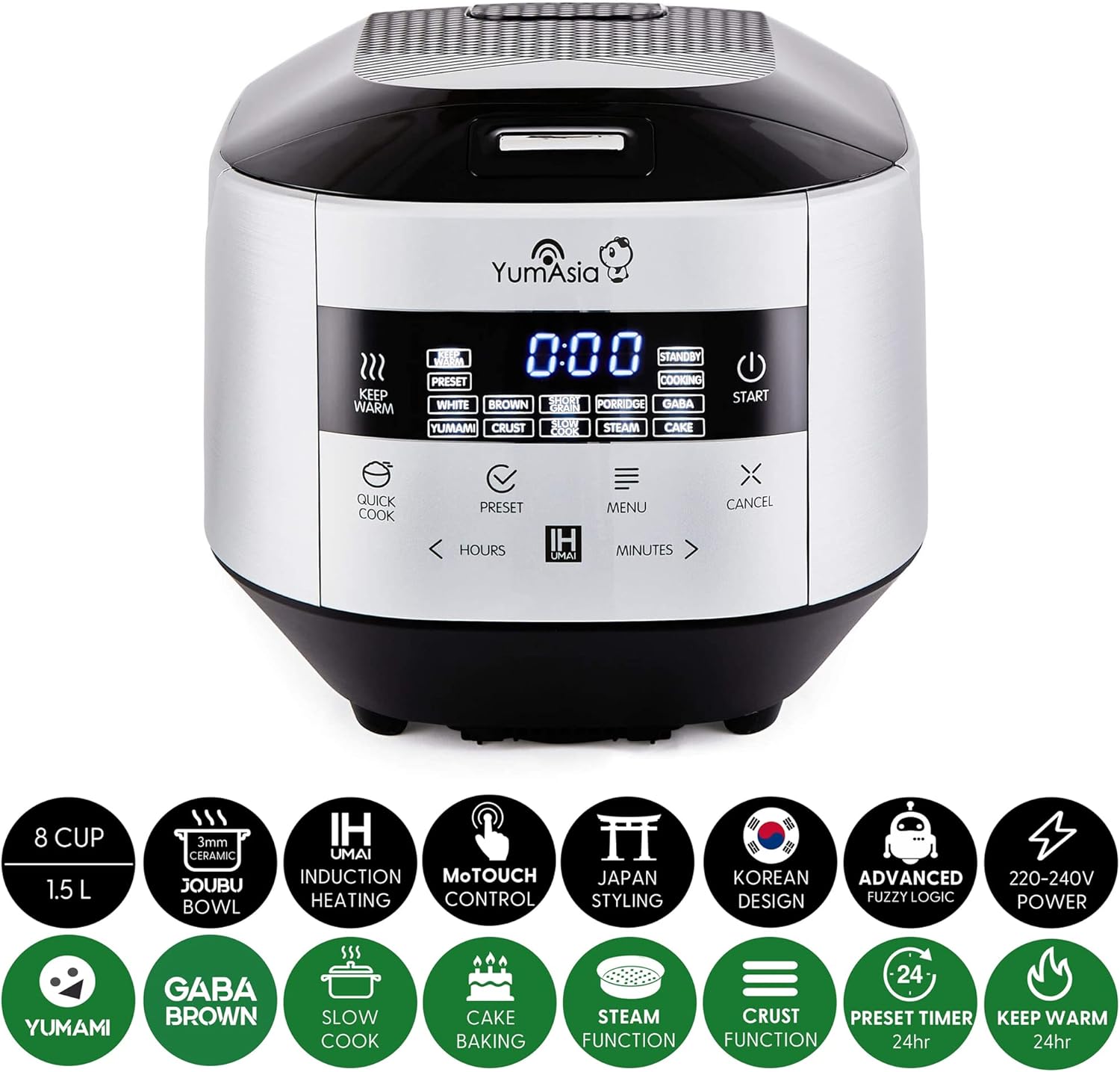 Yum Asia Bamboo Cuiseur à riz avec chauffage à induction (IH) et bol en céramique, 7 fonctions de cuisson au riz, 4 fonctions multicuiseurs, écran LED Motouch – 220-240V EU (Argent métallique)