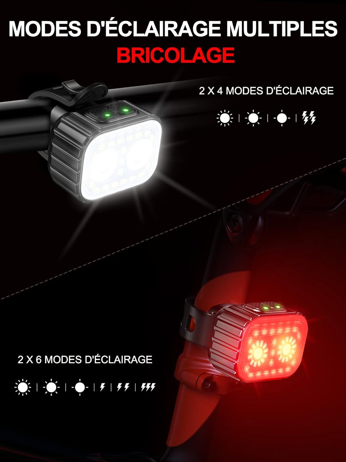 CIRYCASE Lumiere Velo Avant et Arriere, 8 + 12 Modes d'Éclairage Lampe Vélo LED Étanche IPX6, USB Rechargeable Eclairage Velo pour Cyclysme VTT, VTC, Bicyclette, Longue Durée de Vie de la Batterie