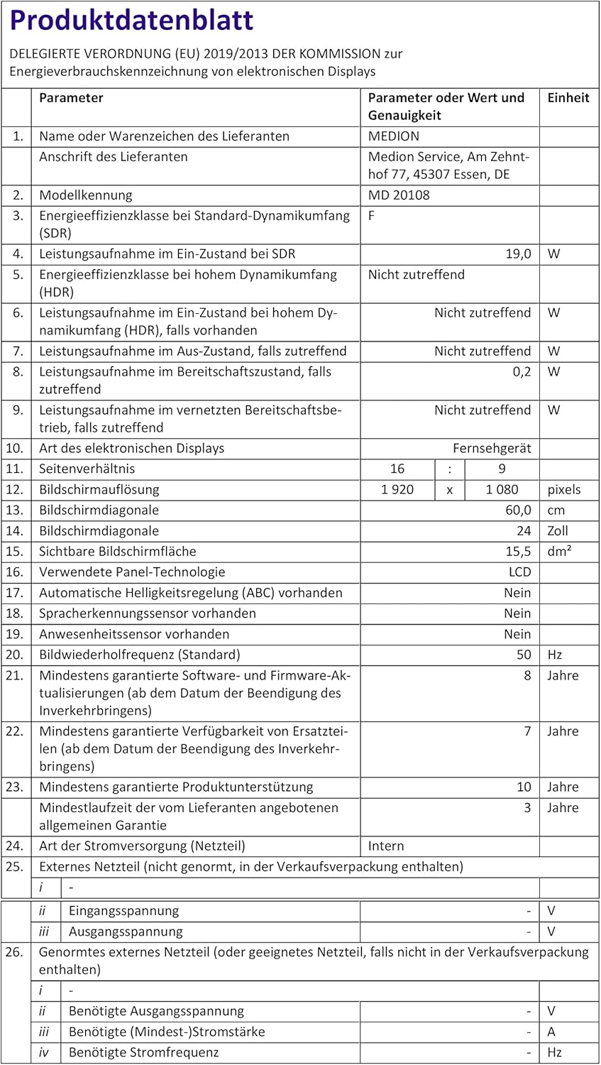 MEDION E14080 (MD 30224) Téléviseur Full HD 100,3 cm (40 Pouces) (Lecteur DVD intégré, récepteur Triple Tuner DVB-T2 DVB-C DVB-S2, 2 x HDMI, VGA, USB, Mediaplayer, CI+)