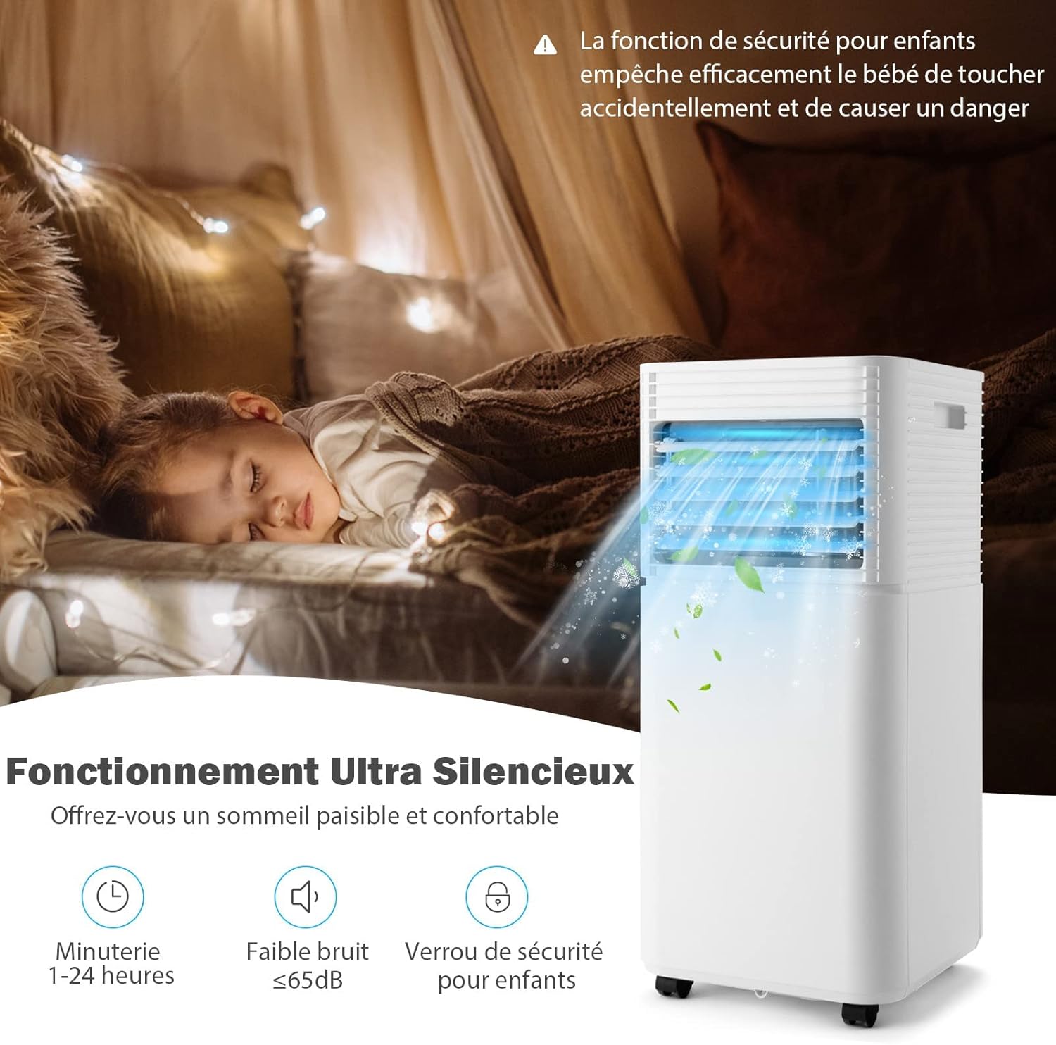 RELAX4LIFE Climatiseur Mobile Silencieux 9000BTU, Climatiseur Portable 4 en 1, Refroidisseur d'Air, Ventilateur, Déshumidificateur, Mode Nuit, 15-20㎡, Télécommande, Minuterie 24H, Classe Energie A
