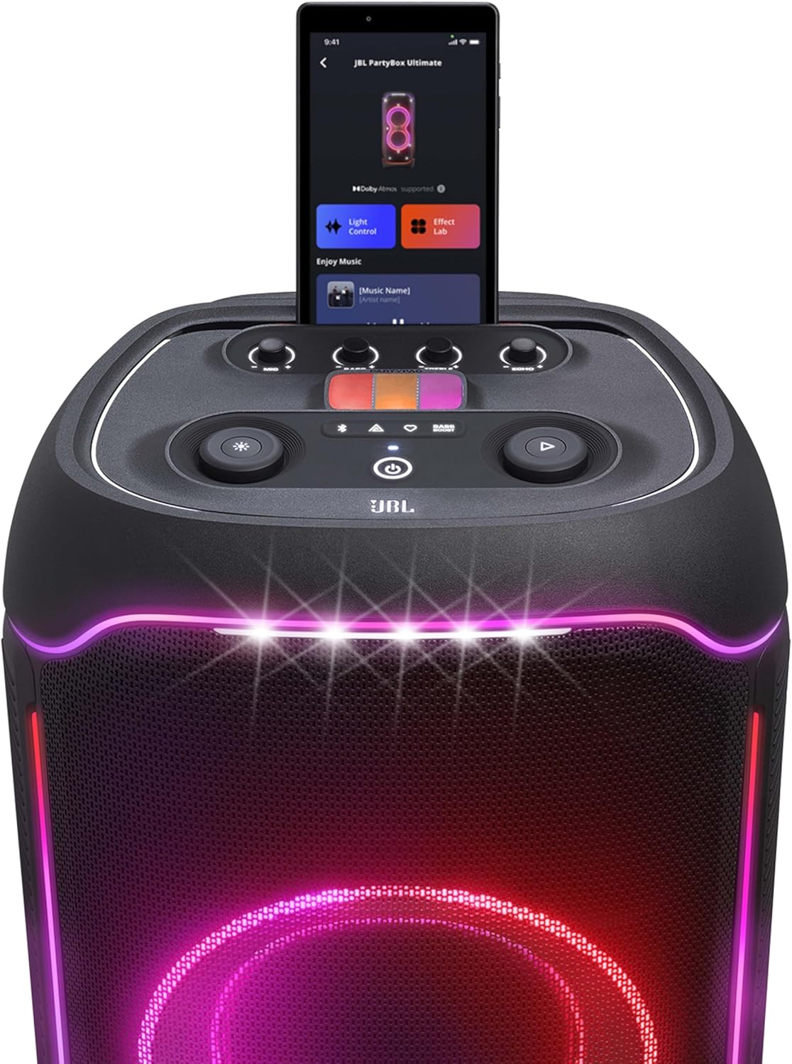 JBL PartyBox Club 120, Enceinte portable de soirée, poignée pliable ergonomique, jeu de lumières, 12 heures d'autonomie, résistante aux éclaboussures IPX4, noir, Prise européenne (Type C)