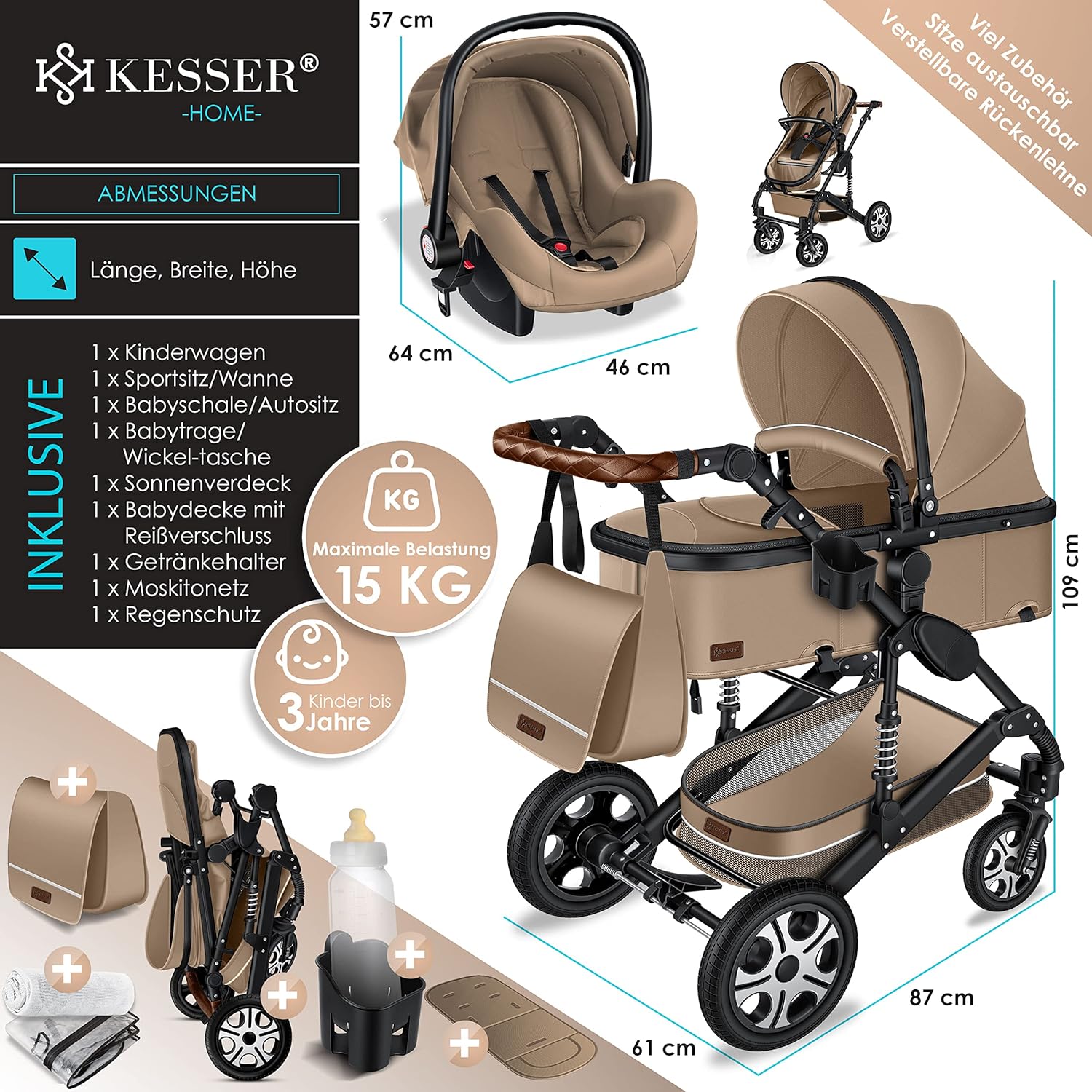 KESSER® Poussette combinée 3en1 Set incl. baignoire bébé poussette Siège sport & siège auto pour bébé Pneus pleins en caoutchouc Sac à langer Protection pluie Table pour enfant ECE R129 noir/champagne