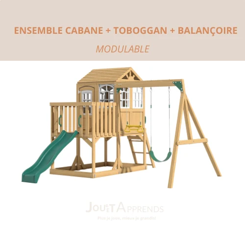 Aire de jeux enfant Montessori - 3 en 1 Balançoire, Toboggan, Cabane en bois modulable