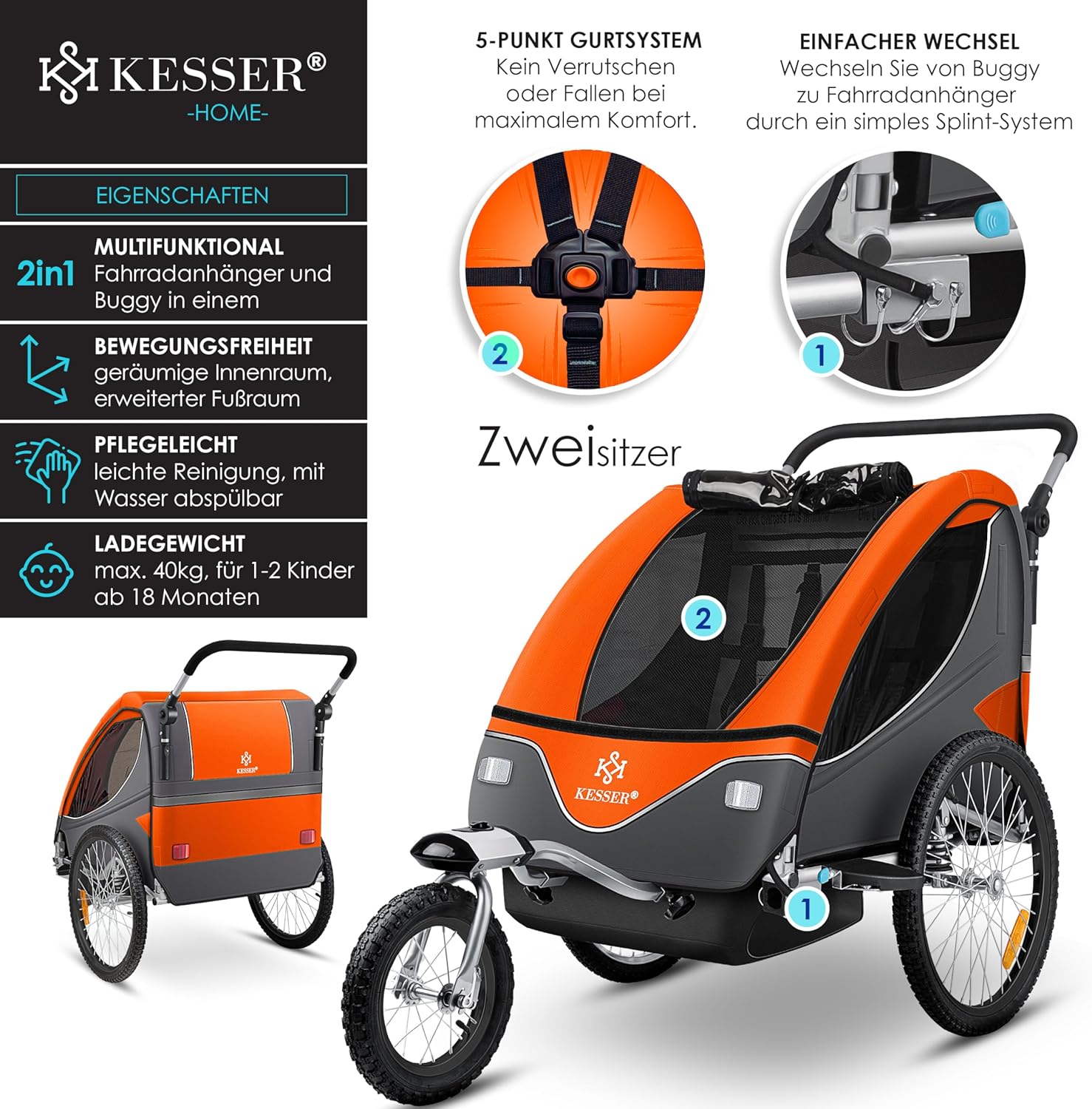 KESSER® Remorque de vélo pour enfant - Rotation à 360° - Avec suspension 2 en 1 - Fonction jogger - Remorque de vélo pour enfant - Sangle à 5 points - Pour 1 à 2 enfants - 40 kg