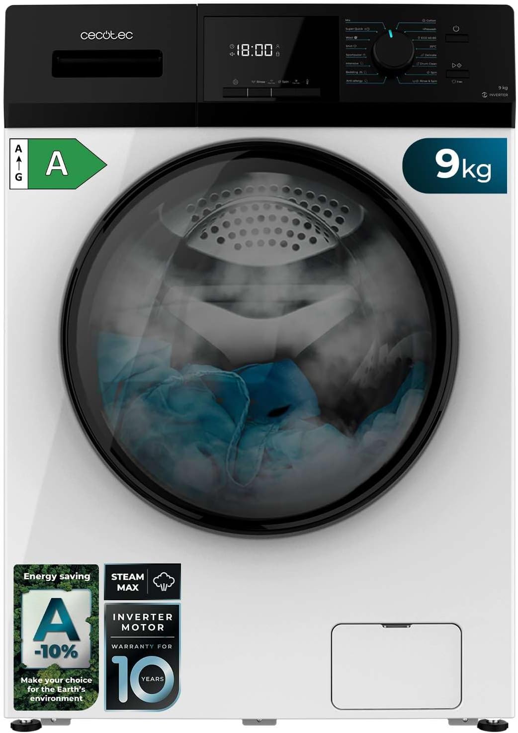 Cecotec Lavadora 8 Kg Carga Frontal Bolero Dresscode 8500 Inverter A. 1900 W, 1400 rpm, Motor Inverter Plus, Bajo Consumo, 16 Programas, SteamMax, Delay Start, Blanco