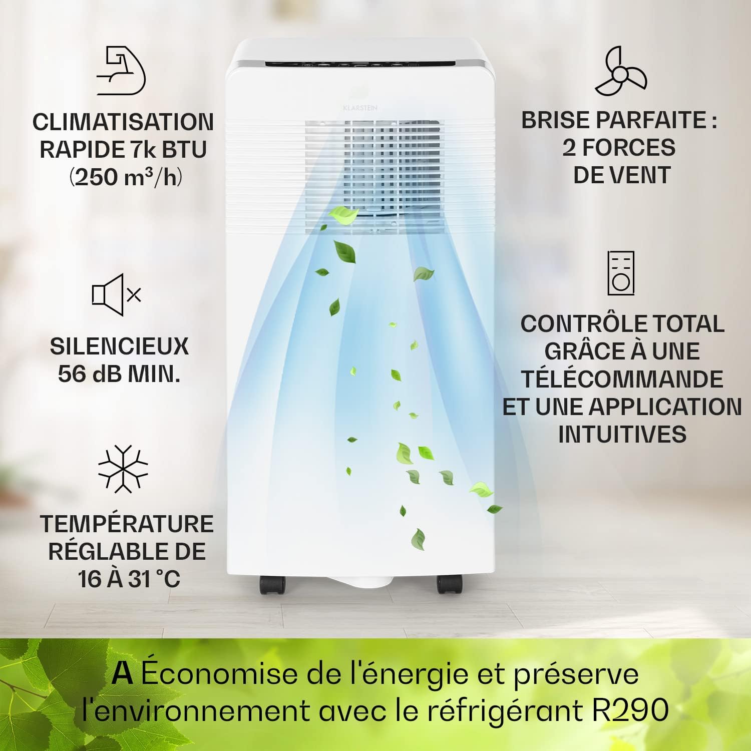 Klarstein Climatiseur Mobile Silencieux, Climatiseur 3 en 1, Mode Nuit, Déshumidificateur, Ventilateur, Mini Climatisation à Faible Conso, Evacuation, Clim Portable, Puissante, 12000 BTU, Climatiseurs