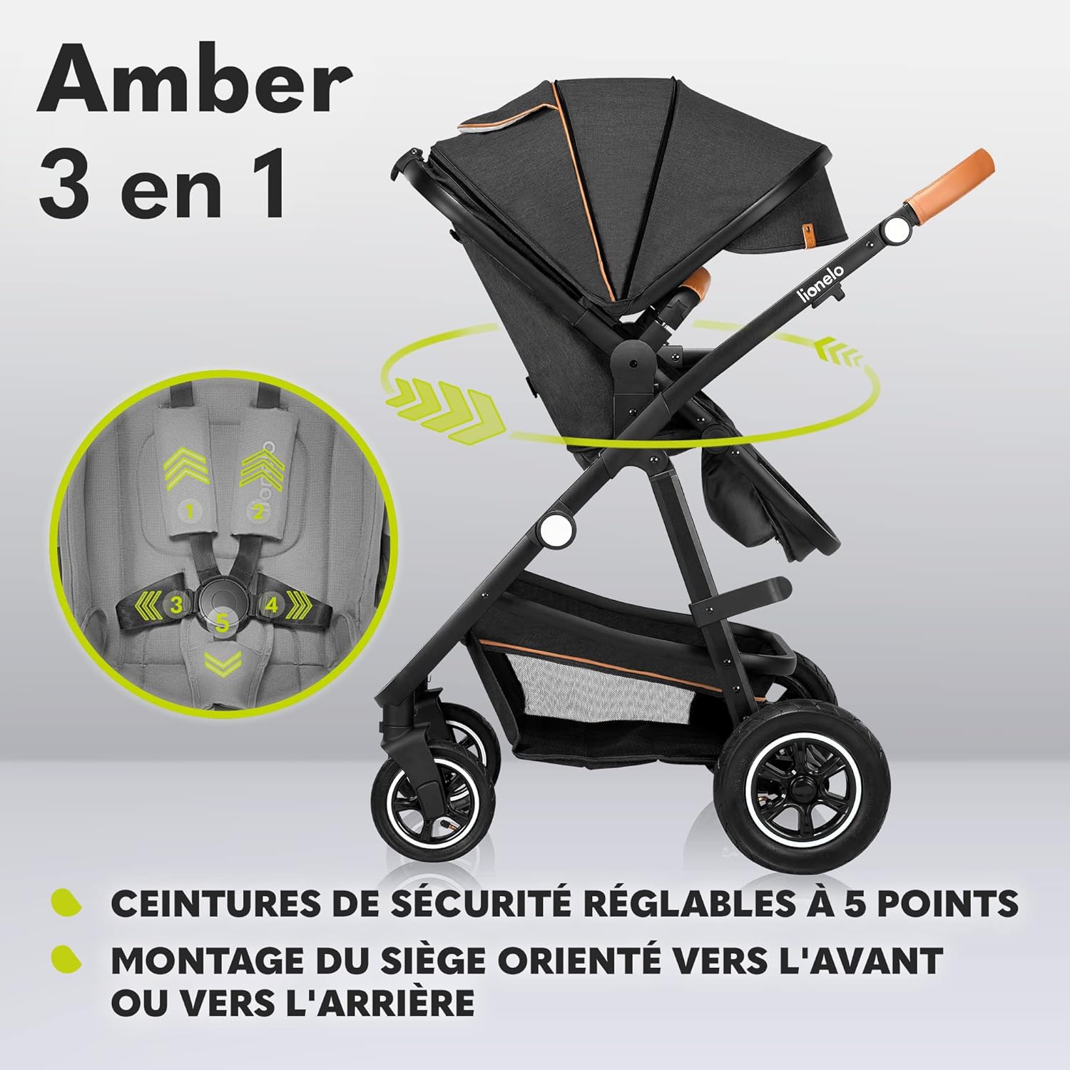 LIONELO Amber 3 in 1 poussette multifonctionnellle, landau, ensemble poussette avec siège sport et nacelle fixe, sac, moustiquaire, couvrir, feuille de pluie mit siege auto