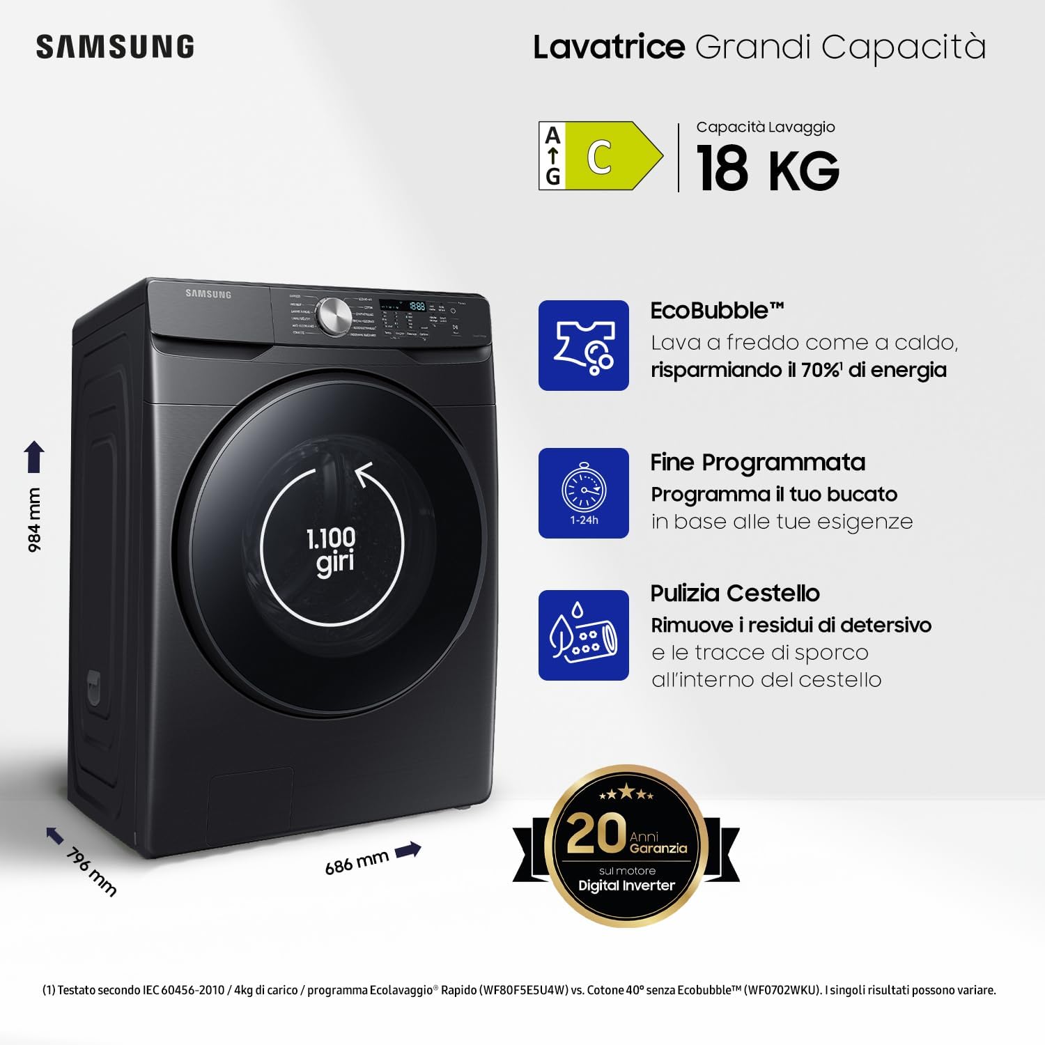 Samsung Grande capacité Machine à laver WF18T8000GV/ET Installation libre, 18 kg, 1100 tr/min, classe C, Wifi, Vapeur, Charge avant, 69 l x 98 h x 80p cm