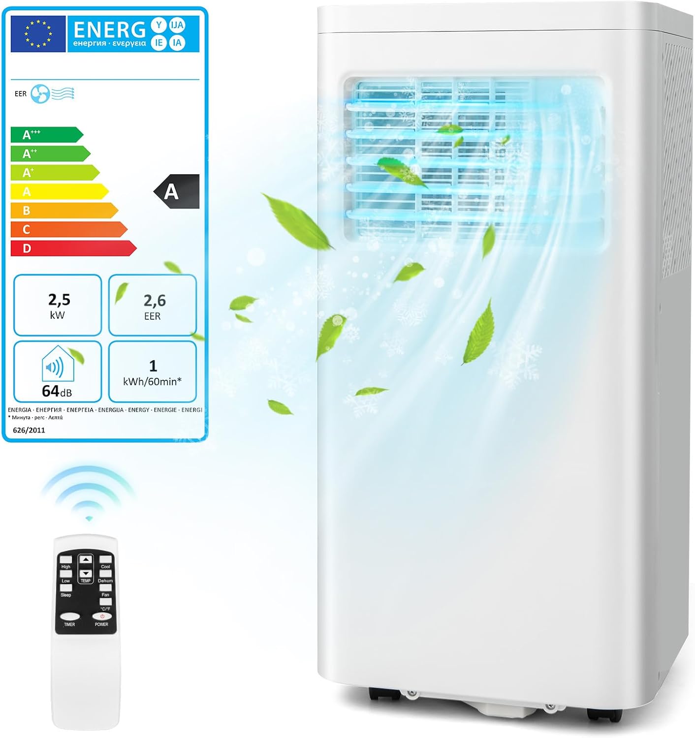 RELAX4LIFE Climatiseur Mobile Silencieux 9000BTU, Climatiseur Portable 4 en 1, Refroidisseur d'Air, Ventilateur, Déshumidificateur, Mode Nuit, 15-20㎡, Télécommande, Minuterie 24H, Classe Energie A