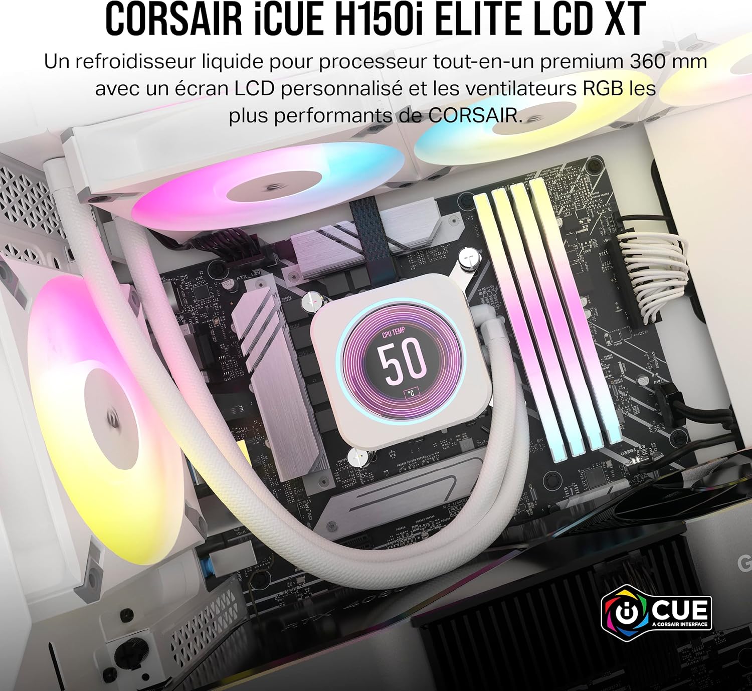 Corsair iCUE H150i Elite LCD XT Refroidisseur de CPU Liquide - Écran LCD IPS - Trois Ventilateurs AF120 RGB Elite - Radiateur 360mm - Convient à Intel® LGA 1700, AMD AM5, et Plus - Noir