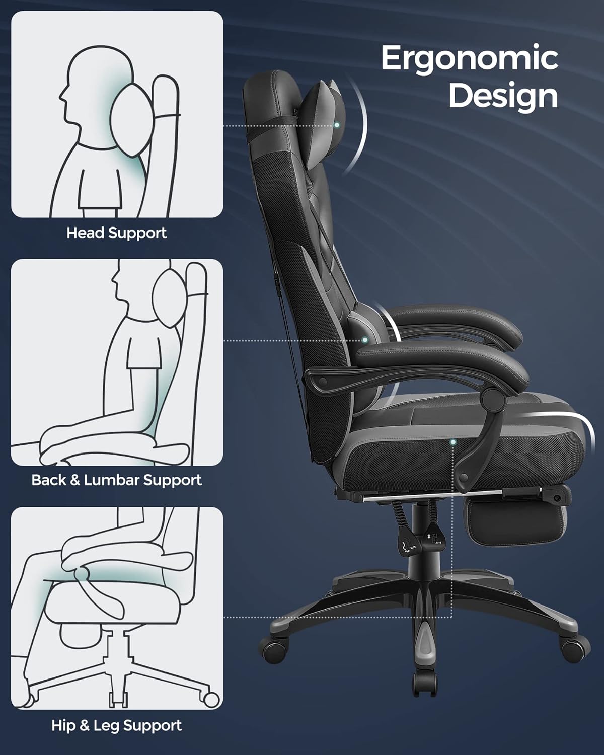 SONGMICS Fauteuil Gamer Ergonomique, Chaise Gaming, Fauteuil de Bureau, avec Repose-Pieds télescopique, Appui-tête réglable, Support Lombaire, capacité de Charge 150 kg, Gris et Noir OBG77BG