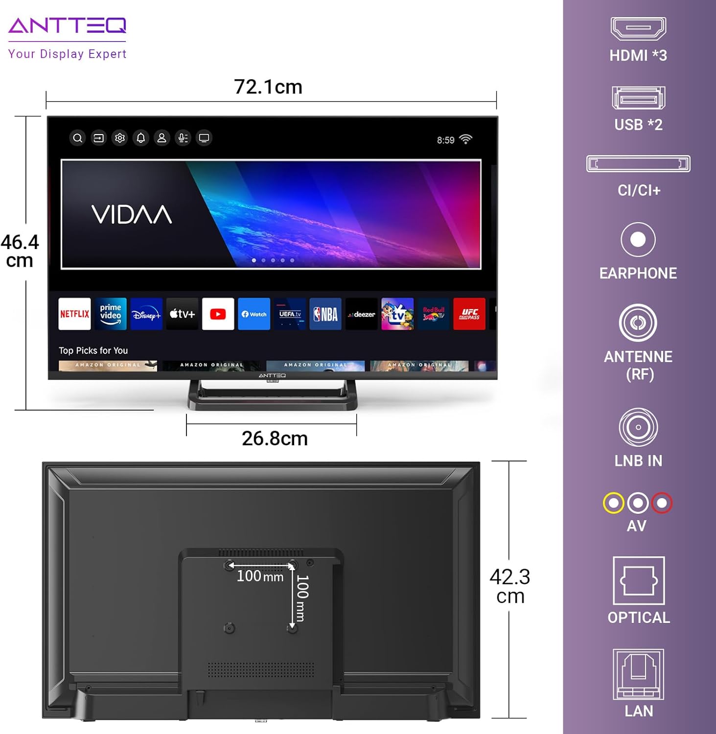 Antteq AB42D1 télévision 42 Pouces (TV 107 cm), Dolby Audio, LED, Triple Tuner DVB-C / T2 / S2, CI+, HDMI, Lecteur multimédia Via USB, Sortie Audio numérique, y Compris Mode hôtel
