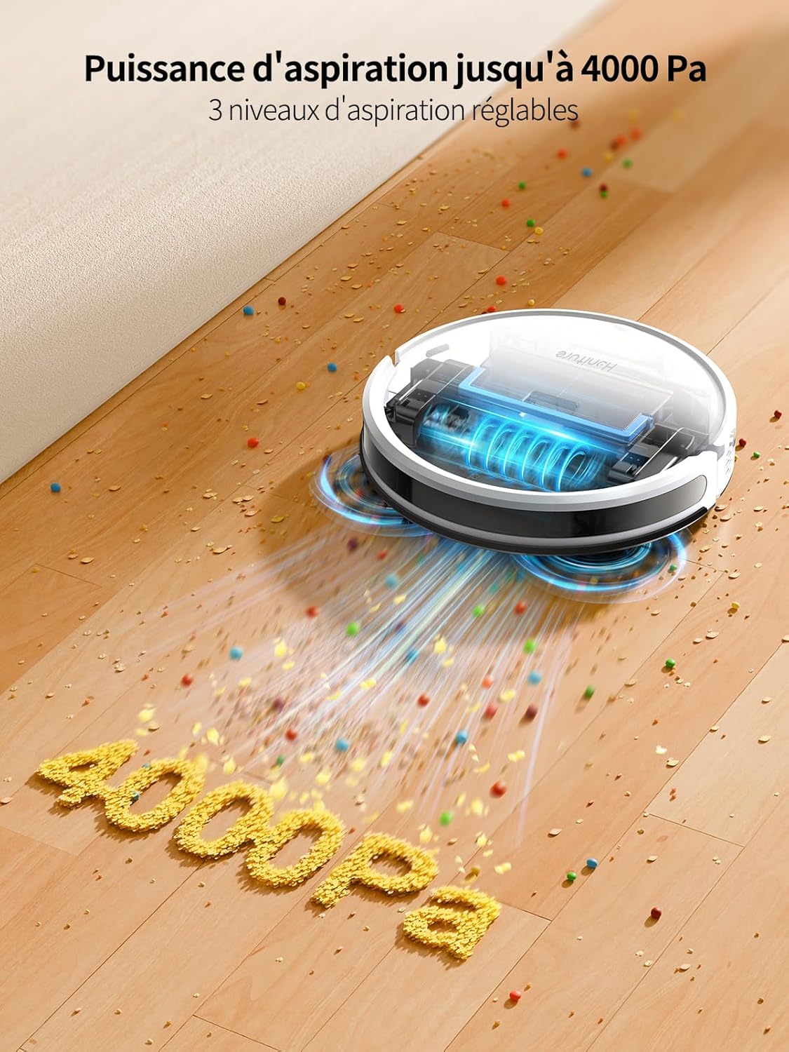 HONITURE Robot Aspirateur Laveur Poils Animaux, G20 Aspirateur Robot 3 en 1, 4000PA, Alexa/WiFi/APP, Idéal pour Tapis Sols Durs, Ultra-Mince Silencieux