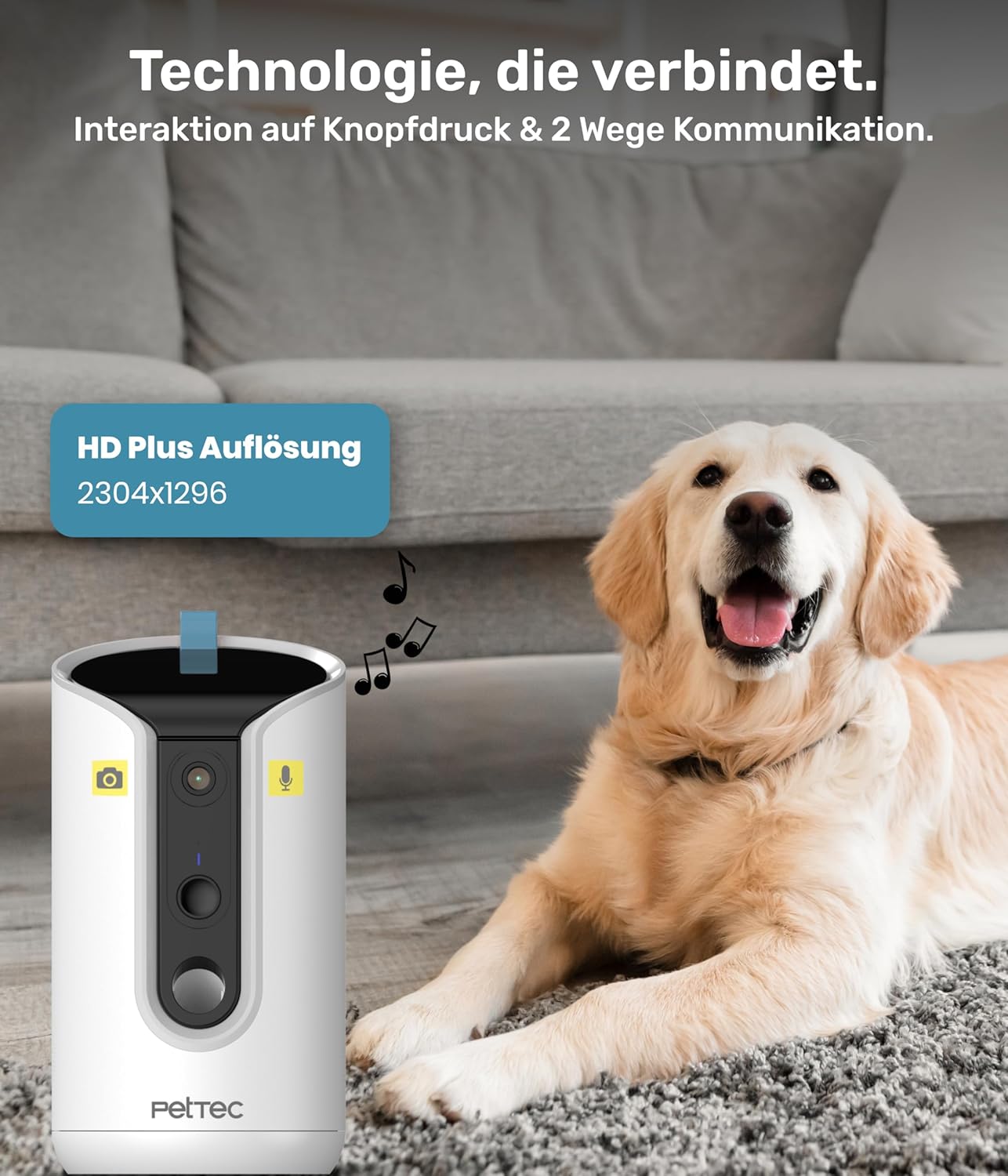 PetTec Cam Free Lot de 2 caméras sans fil pour animaux de compagnie avec application [sans piège à abonnement] – Caméra pour chats et chiens intérieur/extérieur – Détection de mouvement et fonction