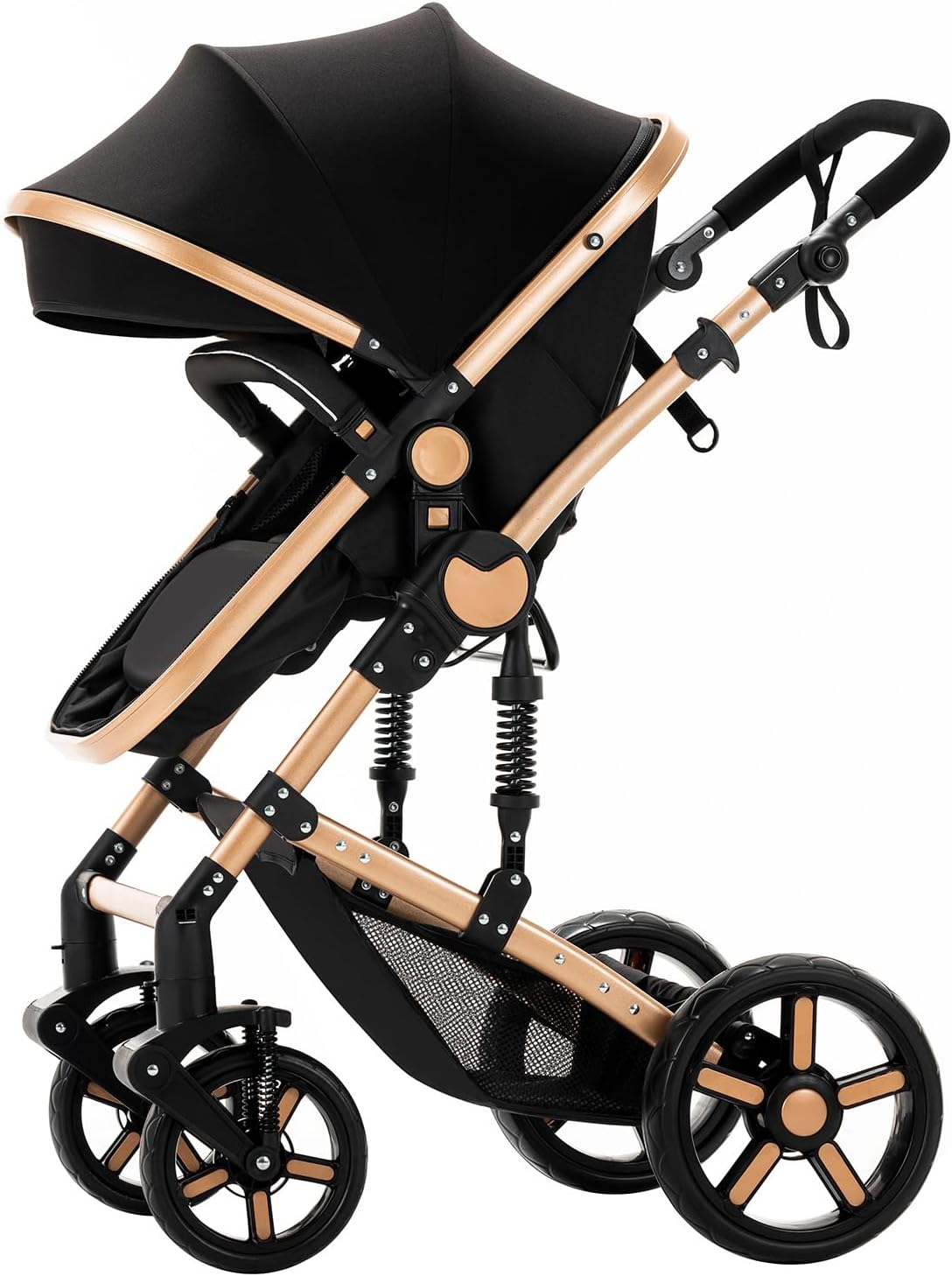 Magic ZC Poussette 3 en 1, Poussette Bebe avec Conception Portable Pliable en Un Clic, Pousette 3 en 1 avec Poussée Réversible Bidirectionnelle, Poussette Trio avec Accessoires (black gold 588)