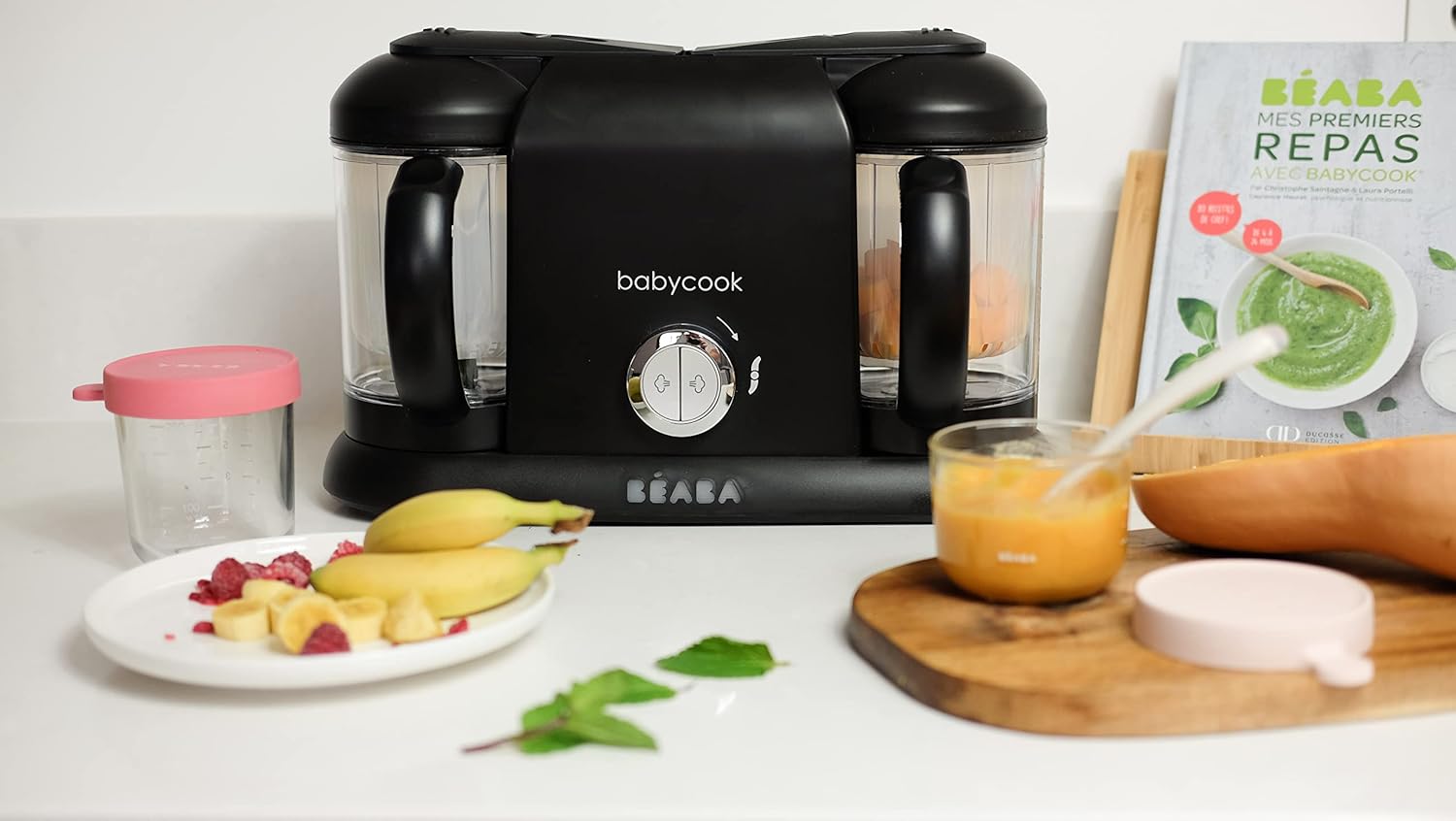 BÉABA, Babycook Duo Robot Bébé 4 en 1 Mixeur-Cuiseur, Cuisson Vapeur rapide 15min , Diversification alimentaire, Petits pots bébé maison, Contenance XXL 2200 ml, Noir