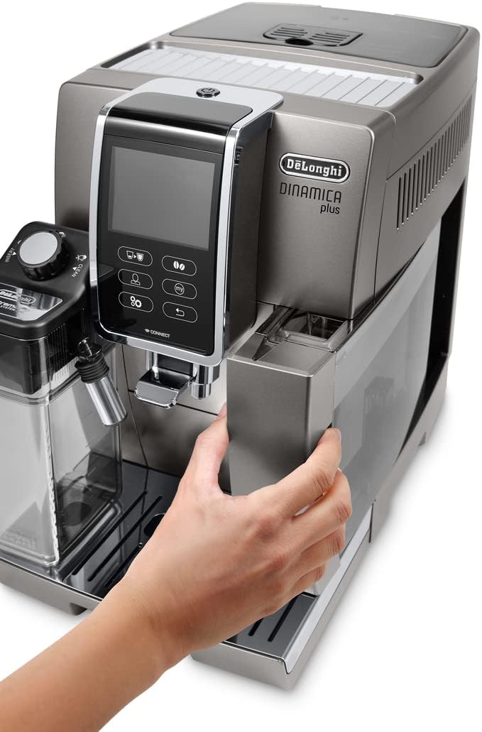 De'Longhi Dinamica Plus ECAM 370.95.T, Machine a Cafe Grain avec Système Lait, Cappuccino et Espresso, Écran Tactile TFT de 3.5 et Contrôle via Application, Fonction Carafe à Café, 1450W, Titan