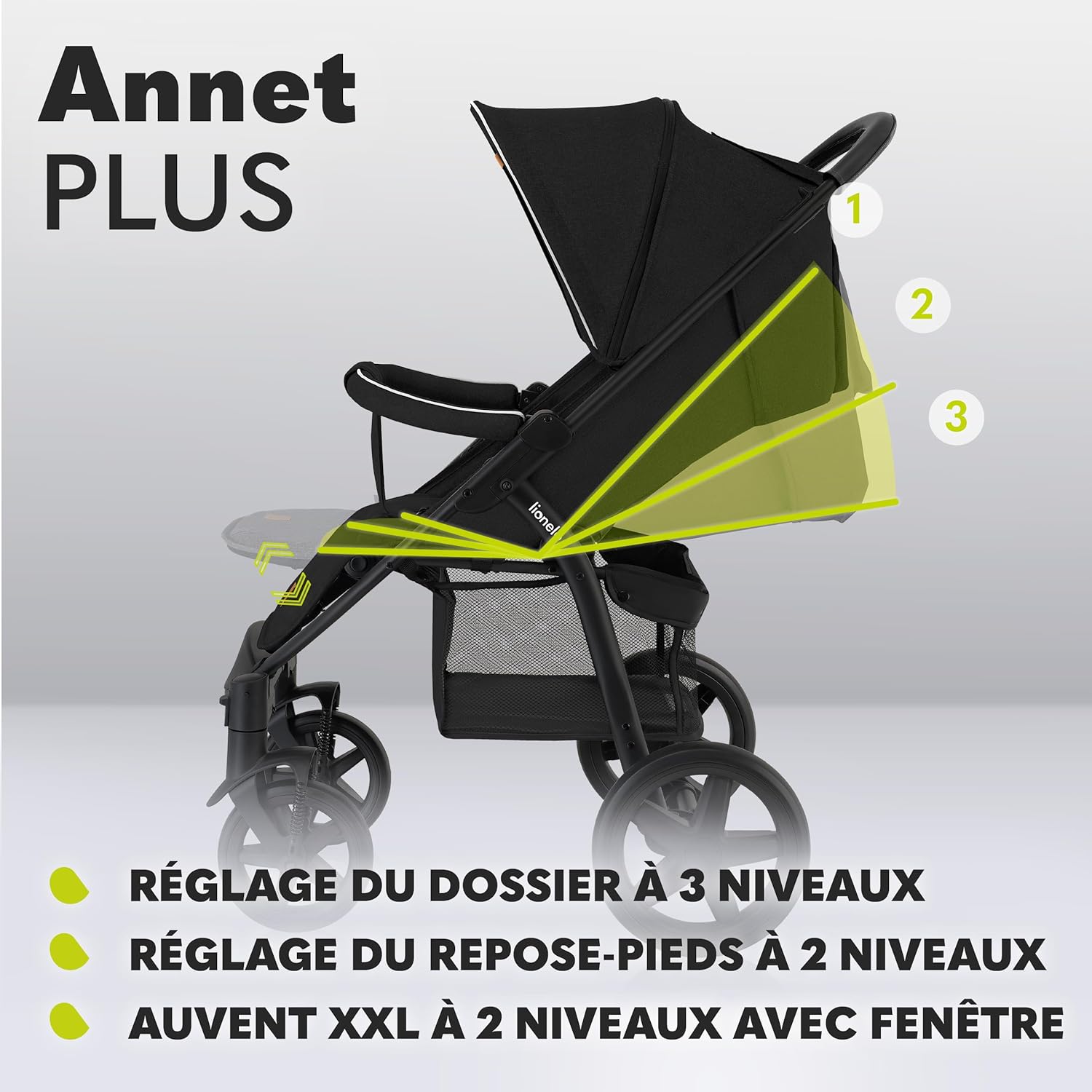 LIONELO Annet Plus poussette bebe à 22 kg, auvent avec fenêtre, roues EVA, chancelière moustiquaire porte-gobelet, réglage du dossier jusqu’à la position couchée (Dreamin, PLUS)