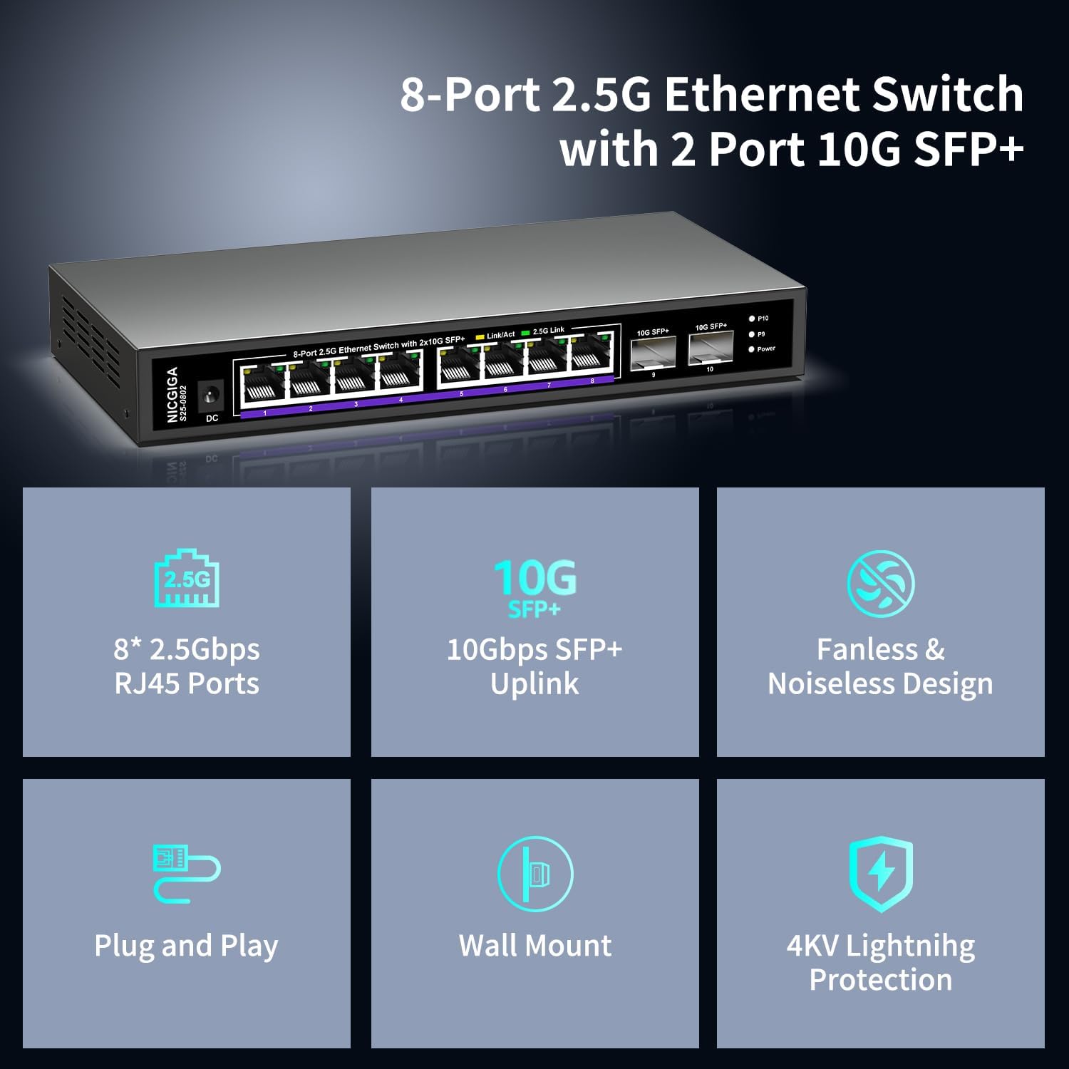 16 ports 2,5 G ➕ commutateur Ethernet SFP+ 2 ports 10 G, commutateur réseau NICGIGA 18 ports 2,5 Gb non géré, Plug & Play, montage sur bureau ou rack 19 pouces, conception métallique sans ventilateur.