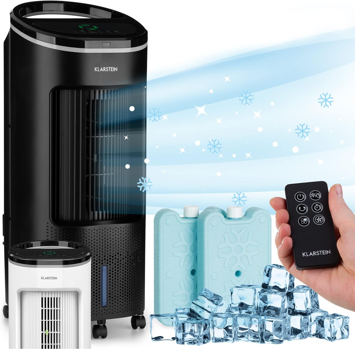 Klarstein Rafraichisseur d'Air 4 en 1, Climatiseur Portable Smart APP Mobile, Humidificateur, Ventilateur, Sans Évacuation 65W, Pack Glacons, Mode Nuit, Puissant Débit d'Air 330m³/h