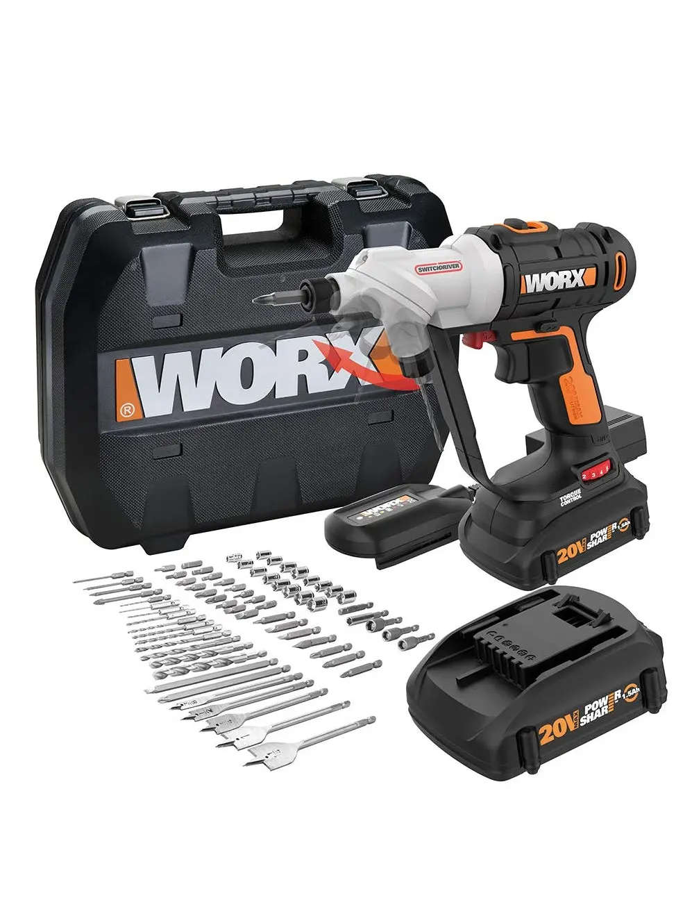 Worx WX176L.1 20V Power Share Switchdriver 2-in-1 Cordless Drill & Driver with 67pc Kit
